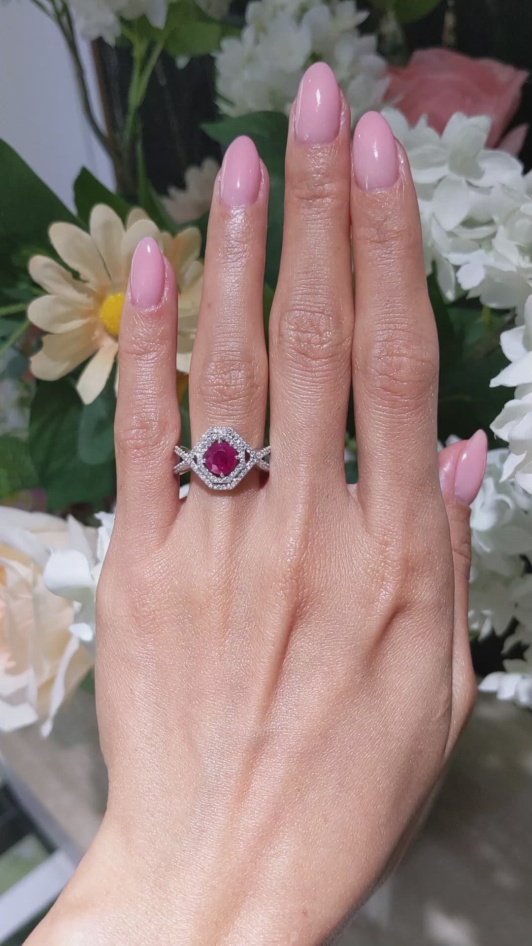 0.96 Ct. Ruby and Natural Diamond Pave Ring, 18K White Gold Size Video