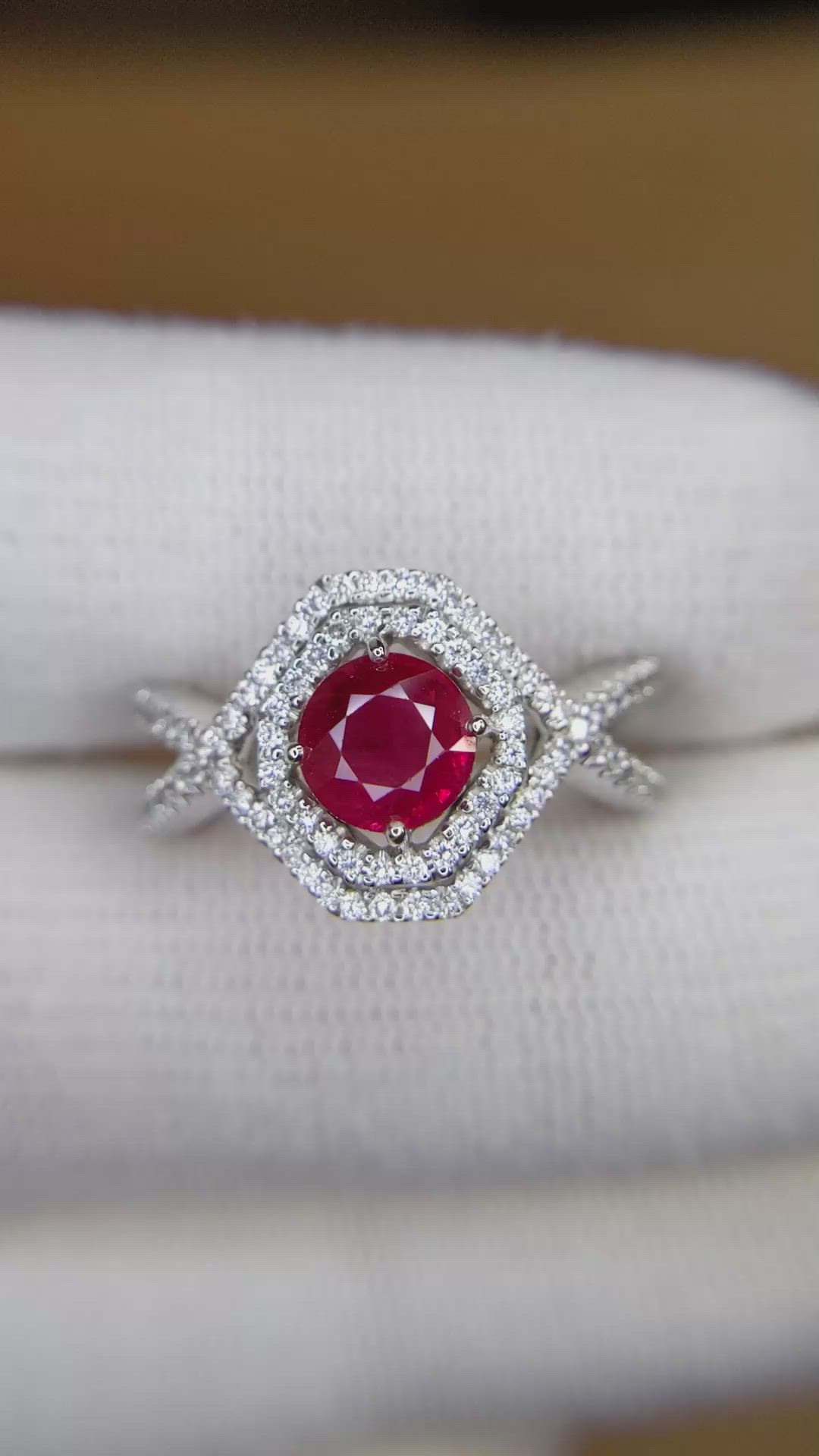 0.96 Ct. Ruby and Natural Diamond Pave Ring, 18K White Gold Size Video