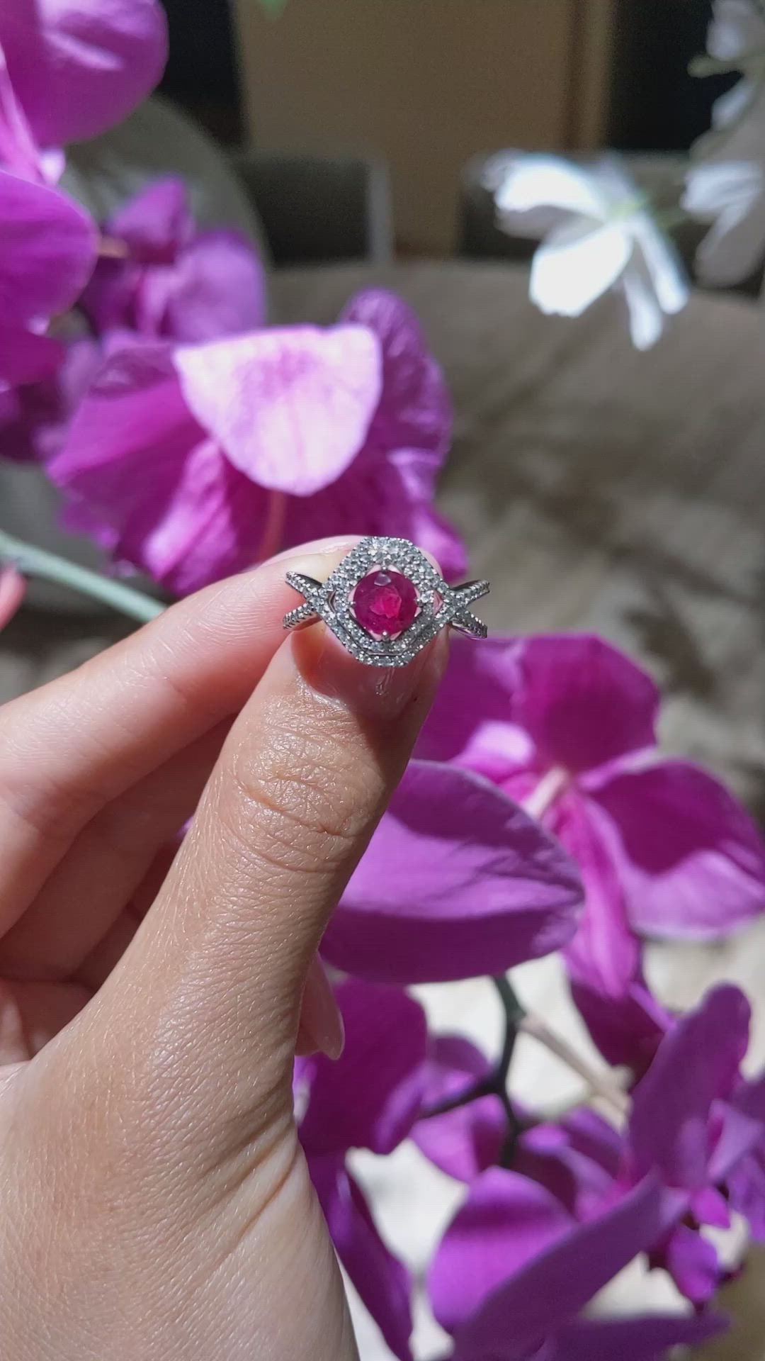 0.96 Ct. Ruby and Natural Diamond Pave Ring, 18K White Gold Size Video
