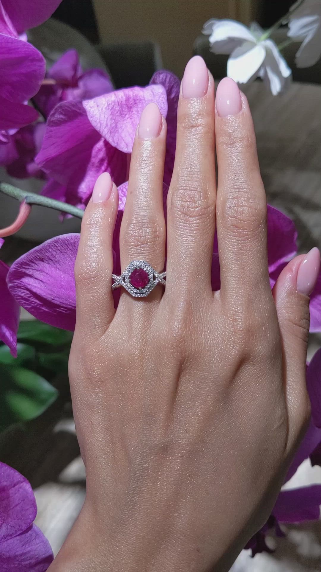 0.96 Ct. Ruby and Natural Diamond Pave Ring, 18K White Gold Size Video