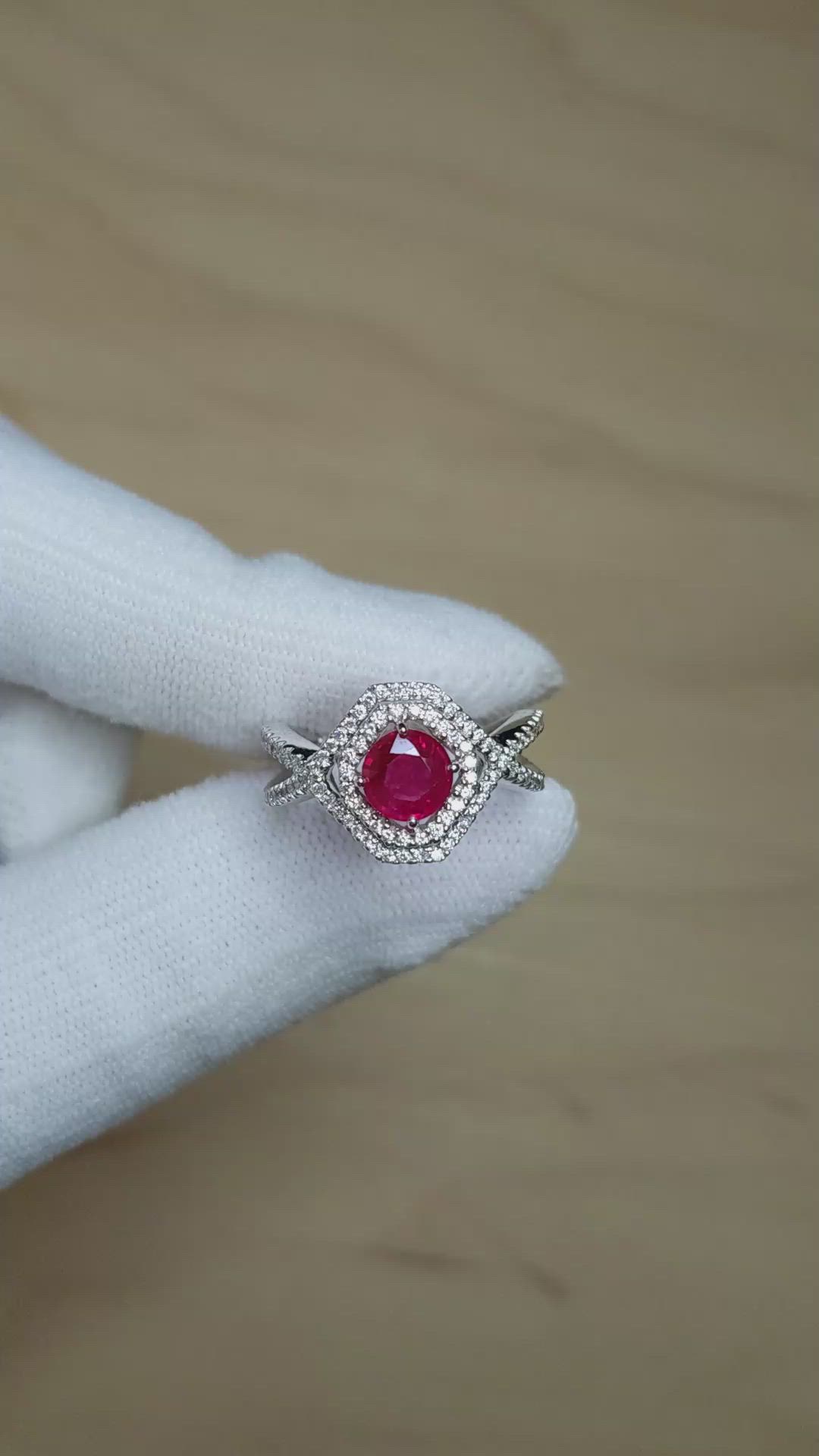 0.96 Ct. Ruby and Natural Diamond Pave Ring, 18K White Gold Size Video