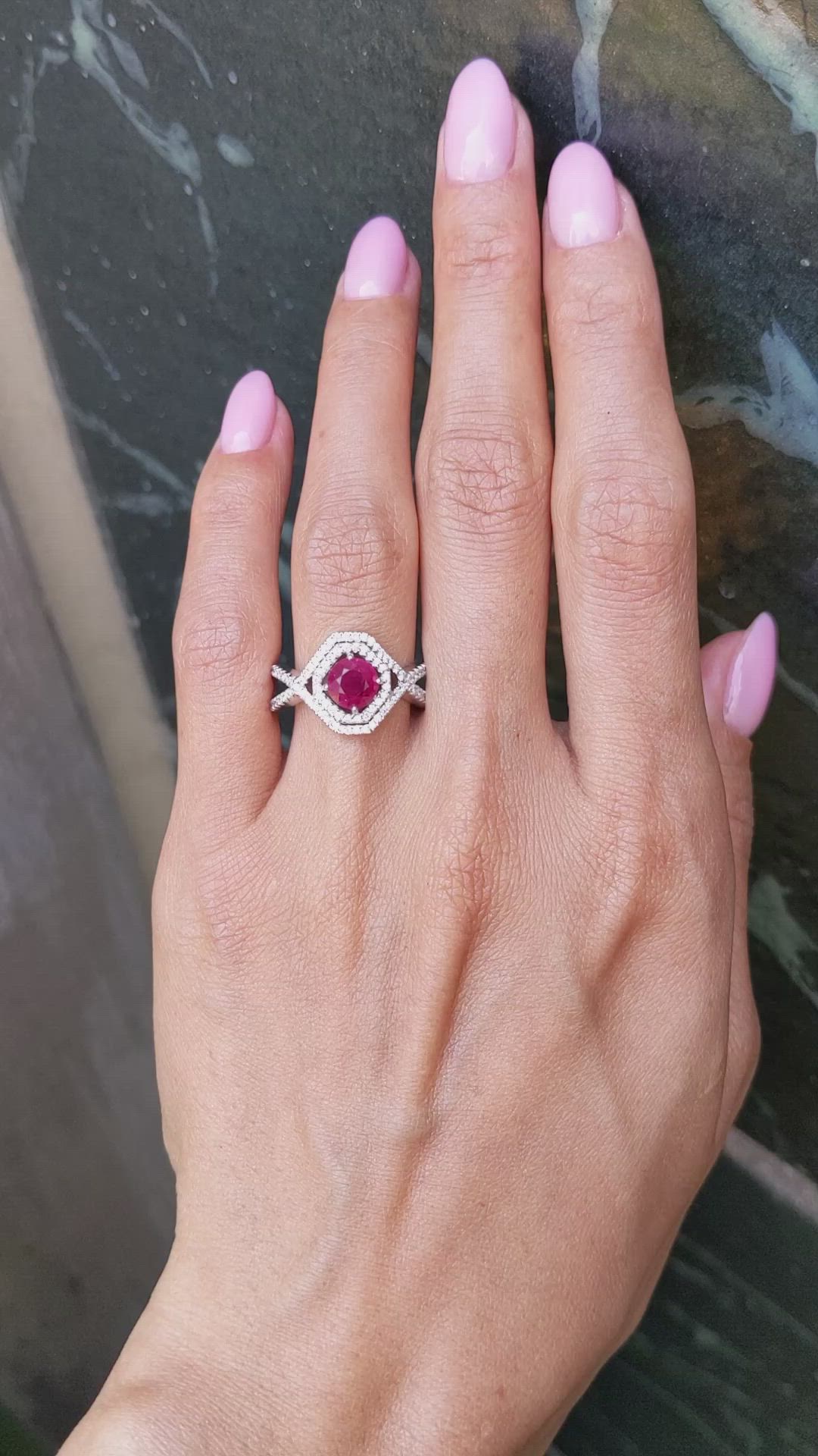 0.96 Ct. Ruby and Natural Diamond Pave Ring, 18K White Gold Size Video