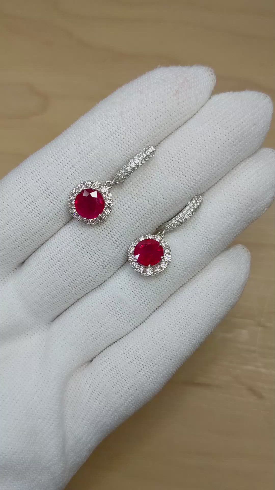 2.97 Ct.Tw.Total Carat Weight Ruby and Natural Diamond Accent Stones Earrings, 18K White Gold Size Video