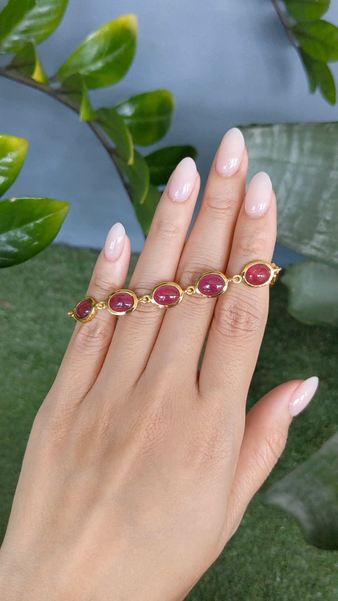 34.00&nbsp;Ct.Tw.Total Carat Weight Pinkish Red Ruby Bezel Bracelet, 22K Gold Plated Silver Size Video