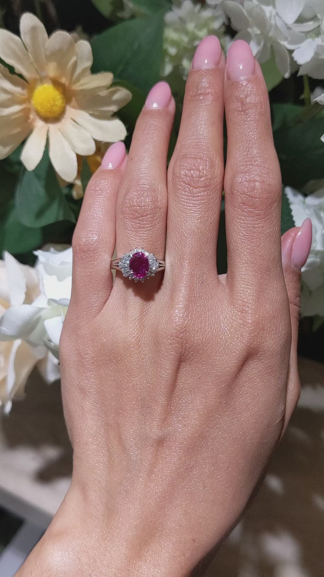 1.09 Ct. Purplish Red Ruby and Natural Diamond Halo Ring, Platinum 950 Size Video