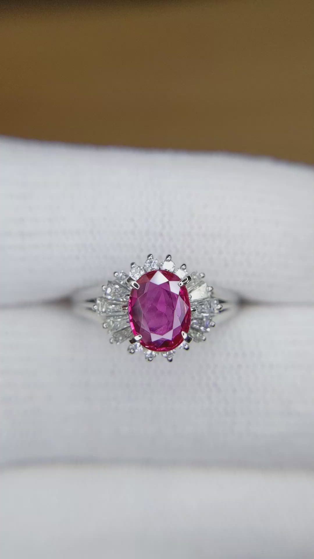1.09 Ct. Purplish Red Ruby and Natural Diamond Halo Ring, Platinum 950 Size Video
