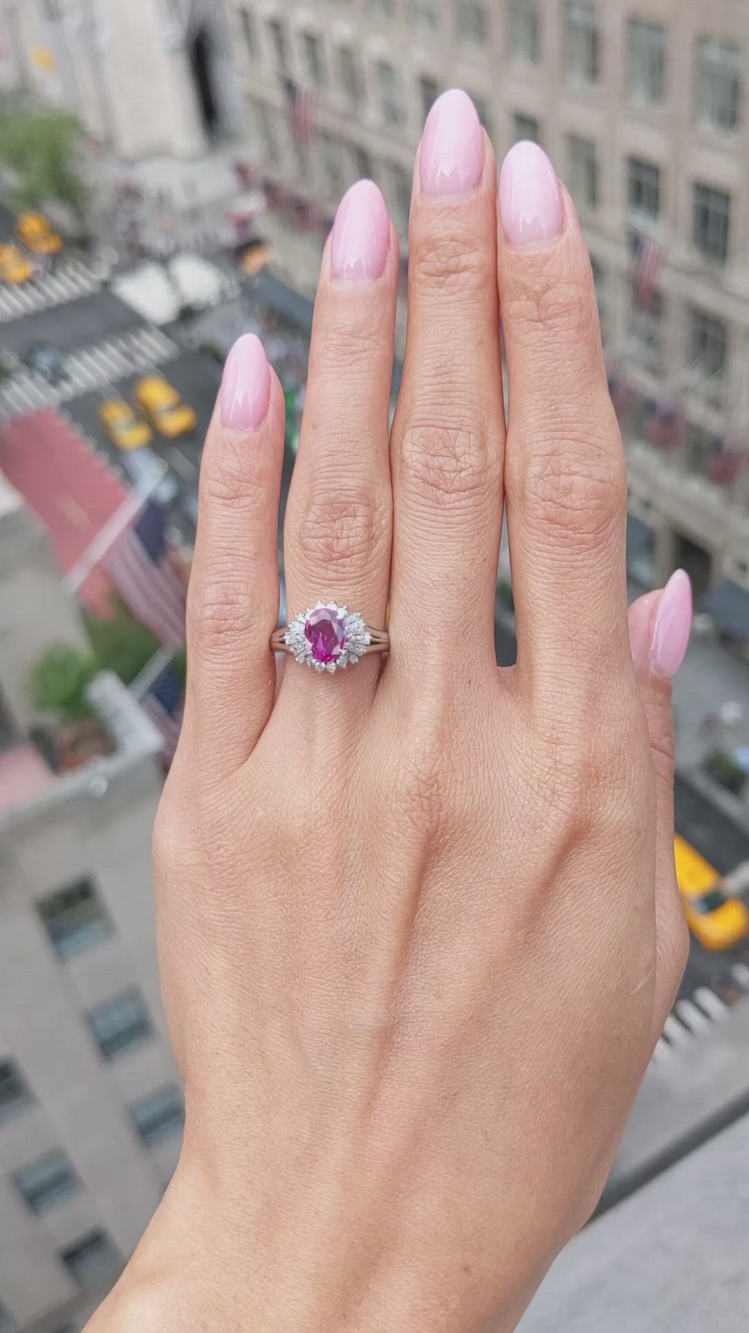1.09 Ct. Purplish Red Ruby and Natural Diamond Halo Ring, Platinum 950 Size Video
