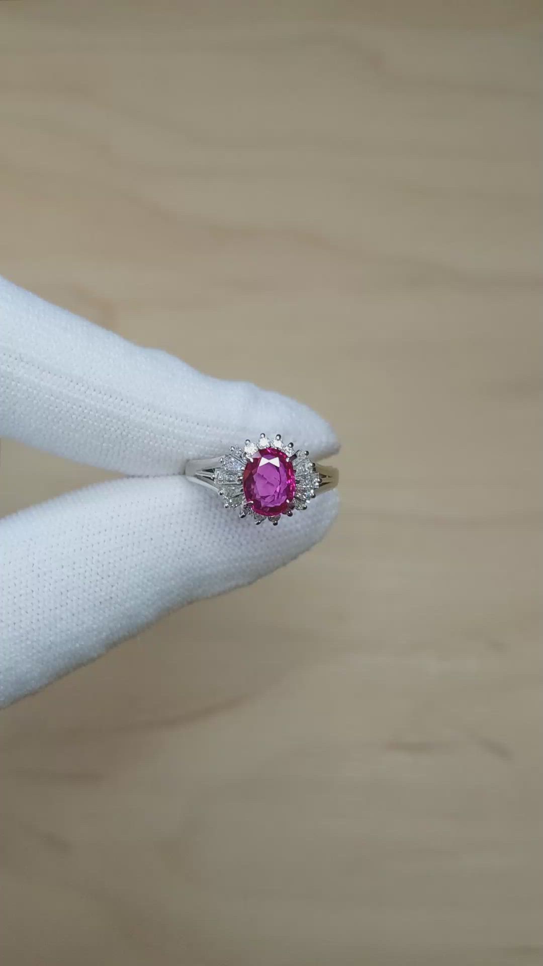 1.09 Ct. Purplish Red Ruby and Natural Diamond Halo Ring, Platinum 950 Size Video