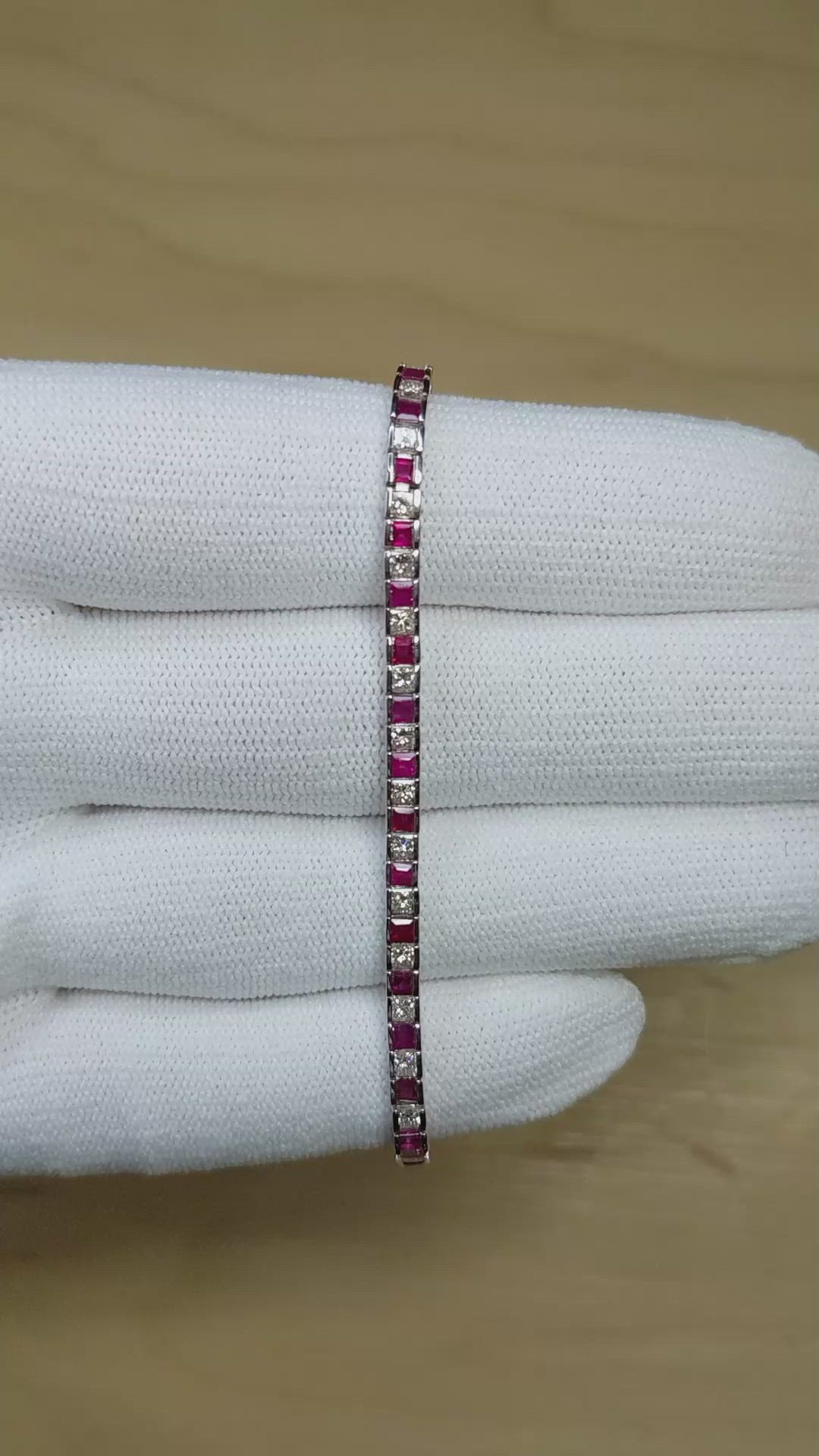 3.41 Ct.Tw.Total Carat Weight Ruby and Natural Diamond Tennis/Line Bracelet, 18K White Gold Size Video