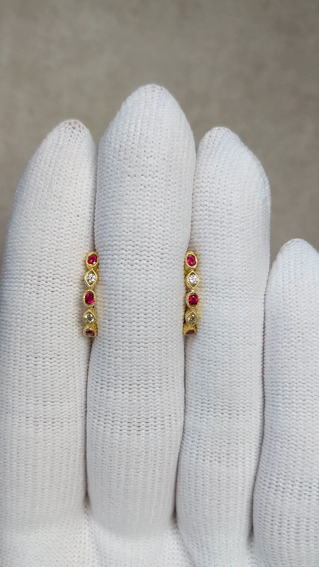 0.21 Ct.Tw.Total Carat Weight Ruby and Natural Diamond Pave Earrings, 18K Yellow Gold Size Video