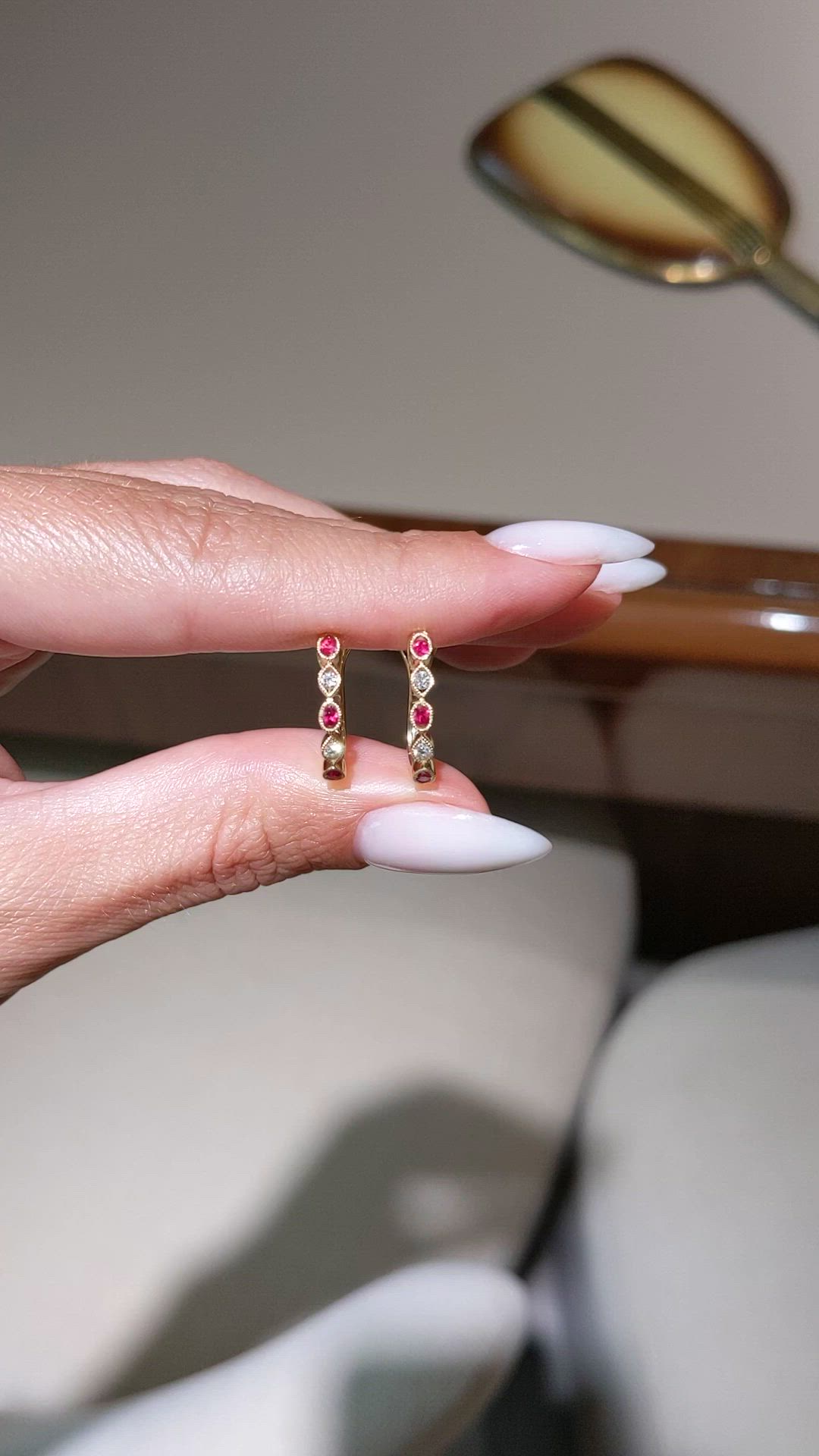 0.21 Ct.Tw.Total Carat Weight Ruby and Natural Diamond Pave Earrings, 18K Yellow Gold Size Video