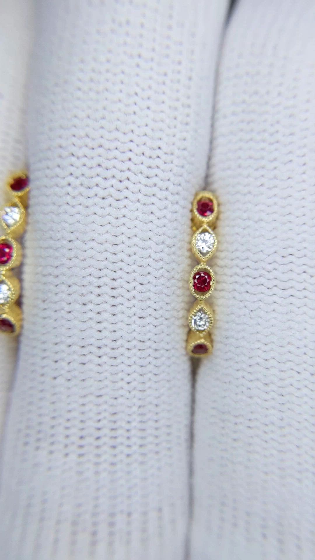 0.21 Ct.Tw.Total Carat Weight Ruby and Natural Diamond Pave Earrings, 18K Yellow Gold Size Video