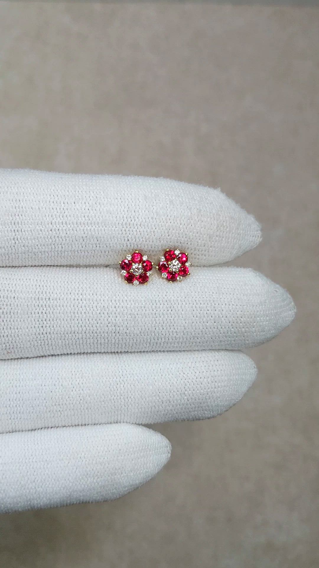 0.71 Ct.Tw.Total Carat Weight Ruby and Natural Diamond Studs Earrings, 18K Yellow Gold Size Video