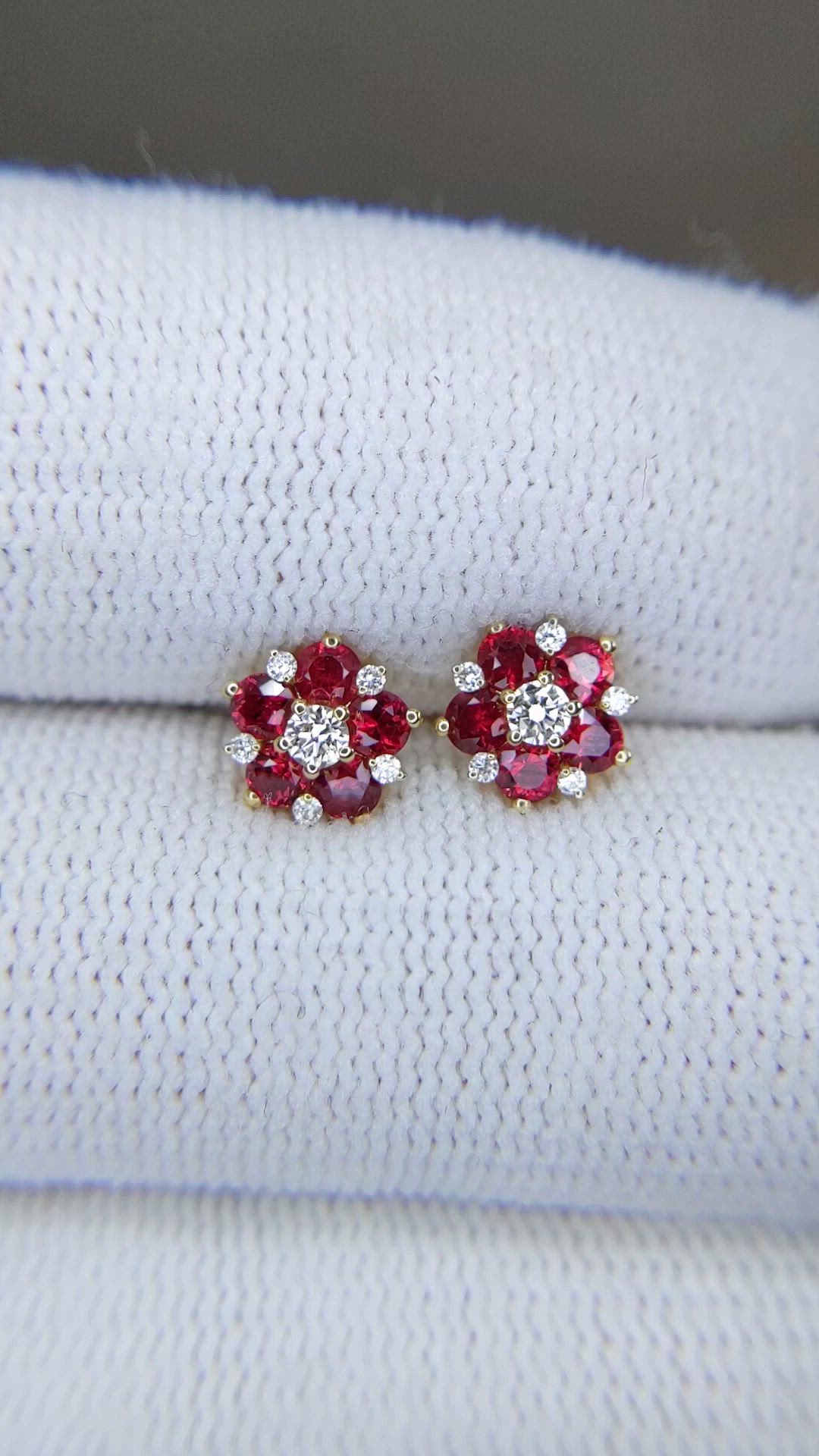 0.71 Ct.Tw.Total Carat Weight Ruby and Natural Diamond Studs Earrings, 18K Yellow Gold Size Video
