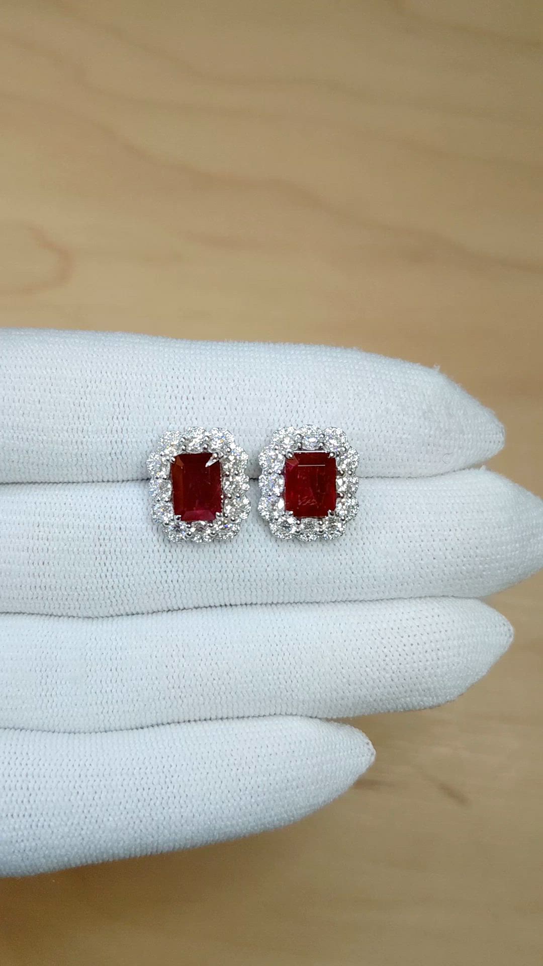3.91 Ct.Tw.Total Carat Weight Ruby and Natural Diamond Pave Earrings, 14K White Gold Size Video