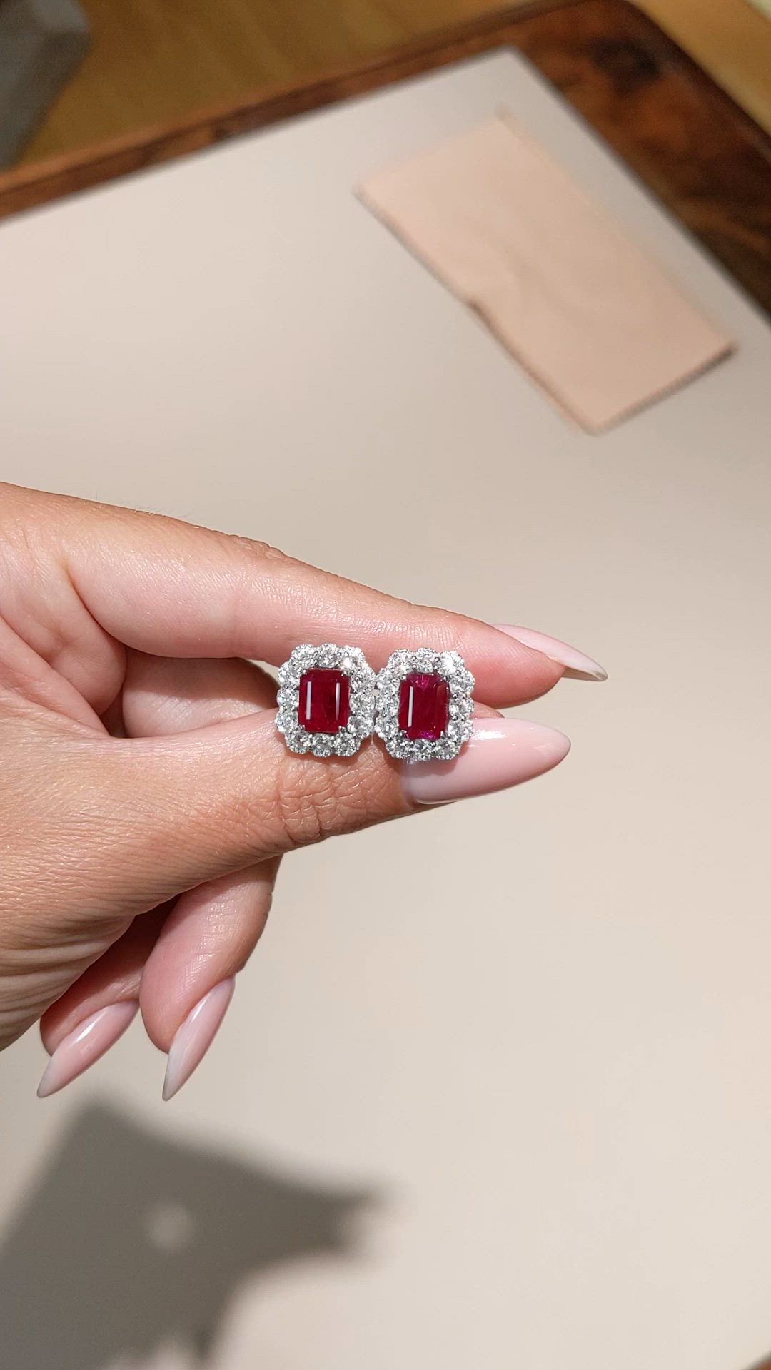 3.91 Ct.Tw.Total Carat Weight Ruby and Natural Diamond Pave Earrings, 14K White Gold Size Video