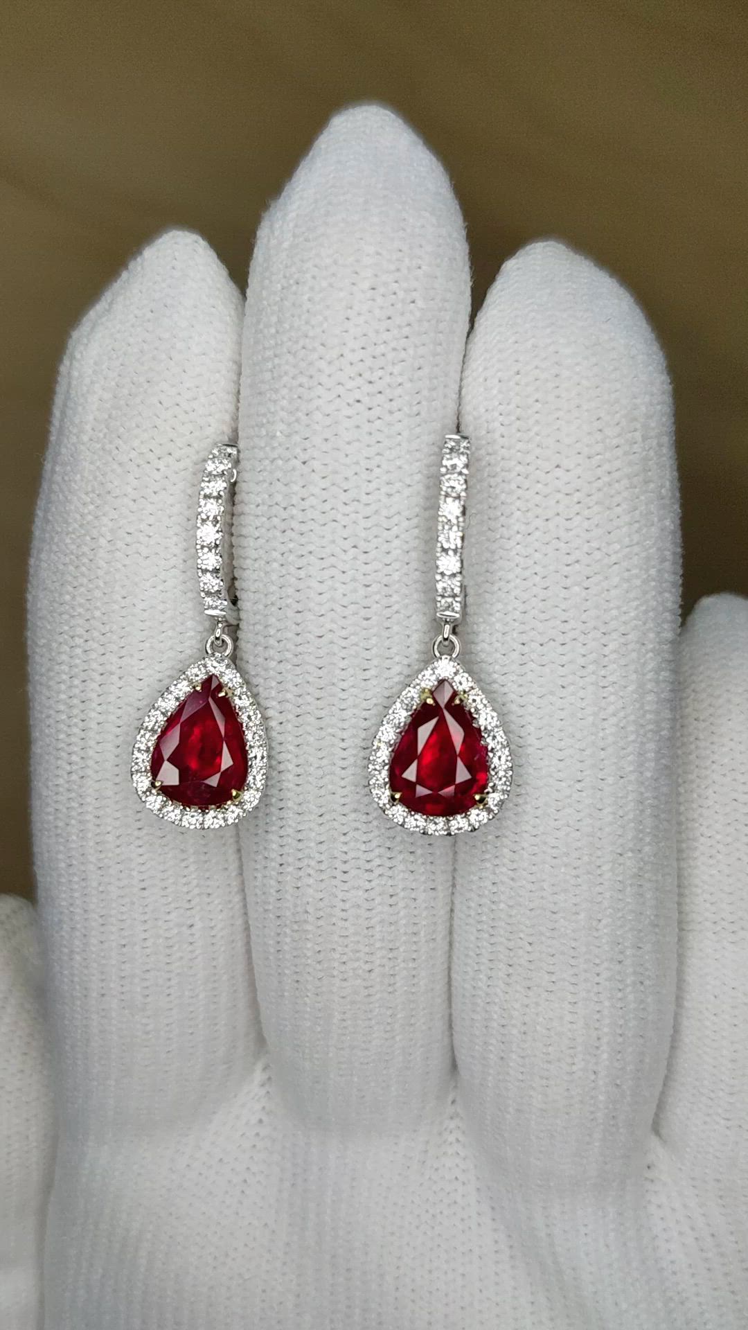 1.89 Ct.Tw.Total Carat Weight Ruby and Natural Diamond Drops Earrings, 18K White Gold Size Video