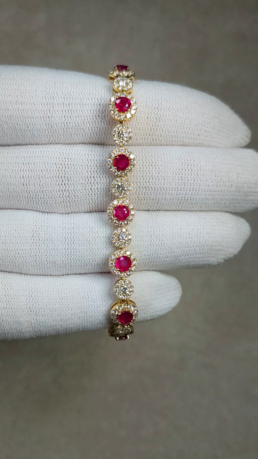 4.01&nbsp;Ct.Tw.Total Carat Weight Ruby and Natural Diamond Pave Bracelet, 14K Yellow Gold Size Video