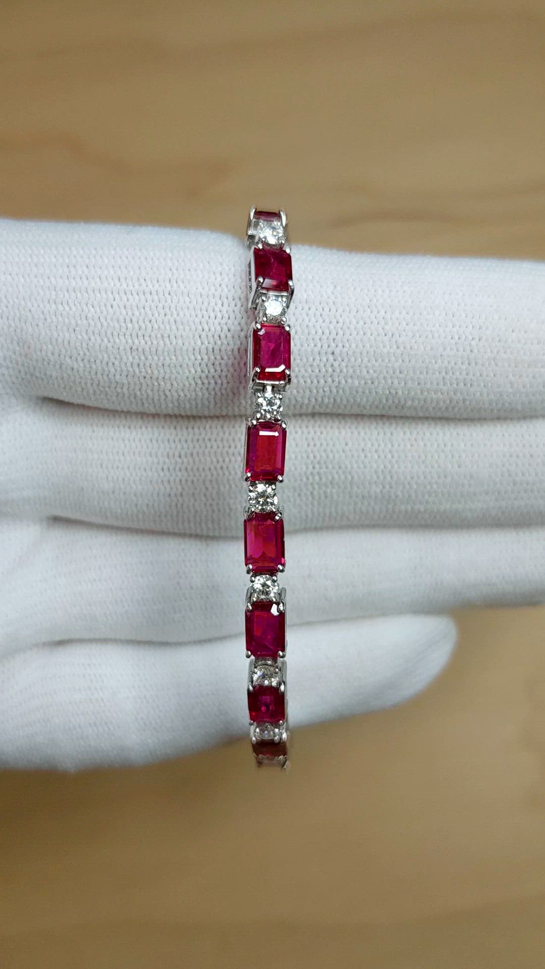 9.01&nbsp;Ct.Tw.Total Carat Weight Ruby and Natural Diamond Accent Stones Bracelet, 14K White Gold Size Video