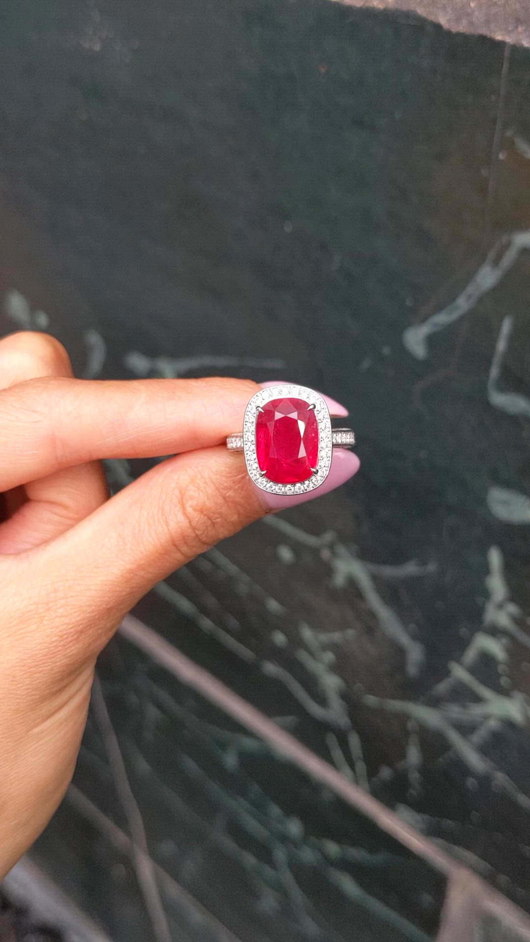 9.06 Ct. Ruby and Natural Diamond Pave Ring, 18K White Gold Size Video