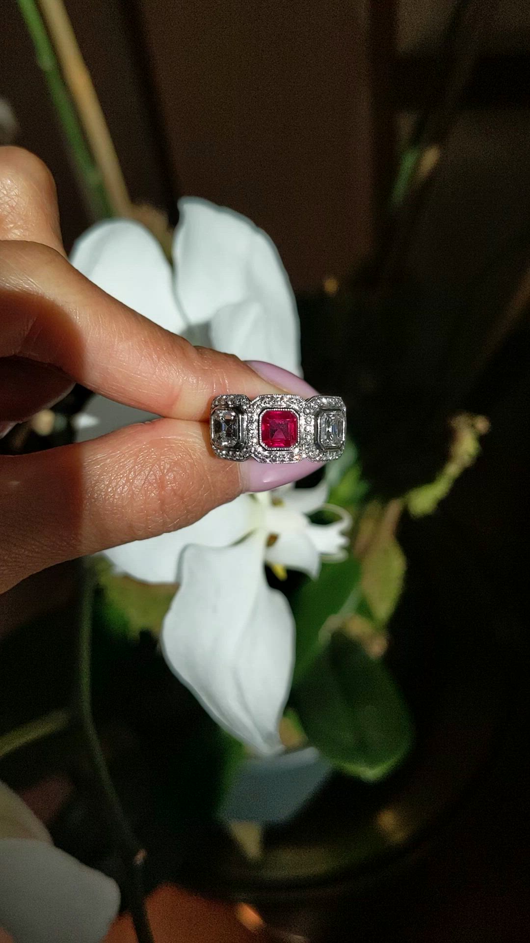 1.04 Ct. Ruby and Natural Diamond Halo Ring, Platinum 950 Size Video