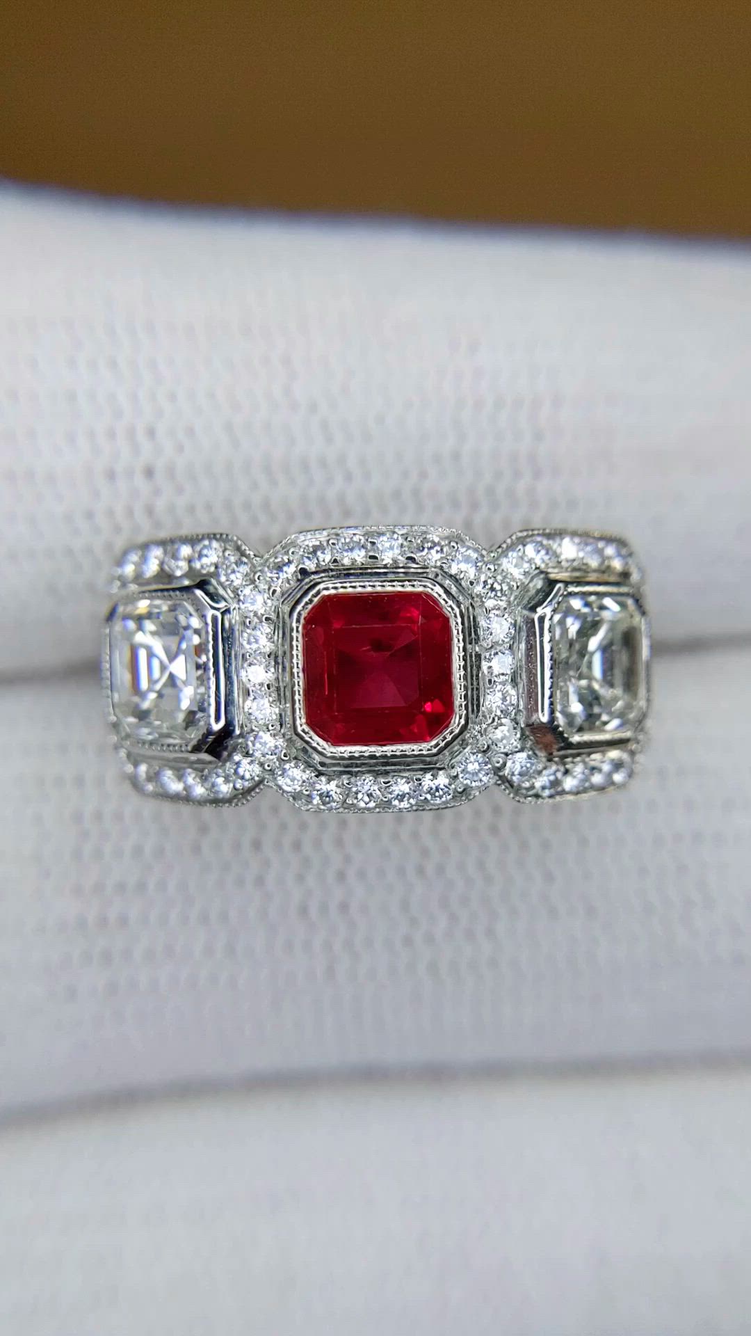 1.04 Ct. Ruby and Natural Diamond Halo Ring, Platinum 950 Size Video