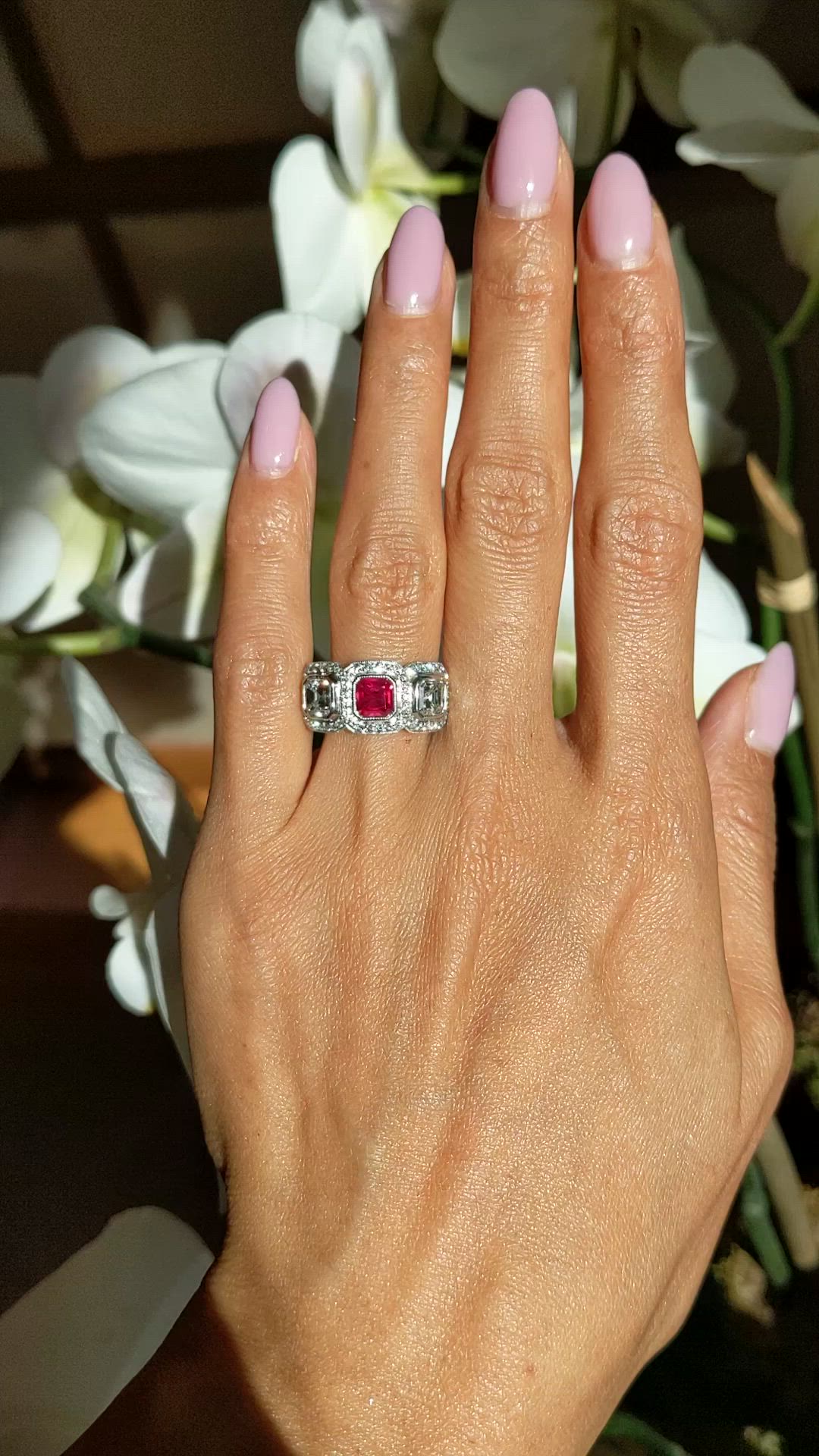 1.04 Ct. Ruby and Natural Diamond Halo Ring, Platinum 950 Size Video