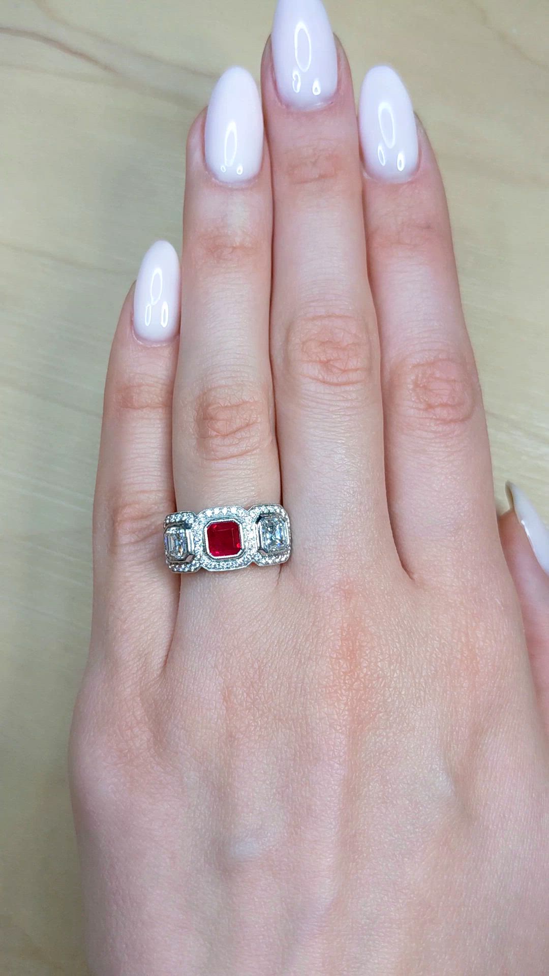 1.04 Ct. Ruby and Natural Diamond Halo Ring, Platinum 950 Size Video