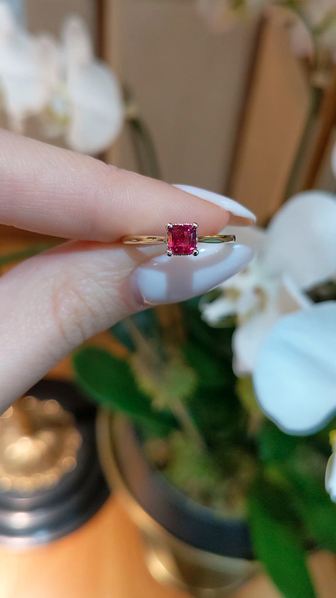 0.57 Ct. Ruby and Natural Diamond Halo Ring, 14K White & Yellow Size Video