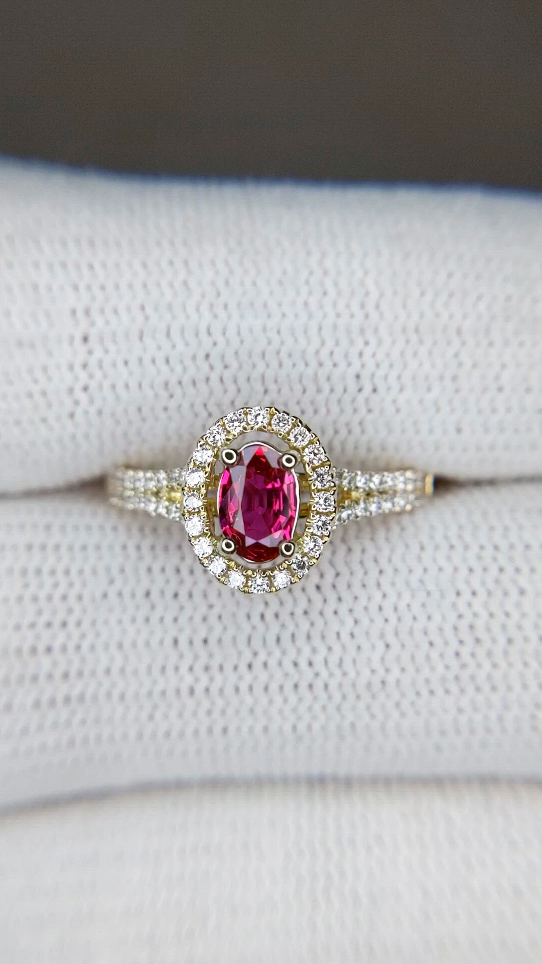 0.43 Ct. Ruby and Natural Diamond Halo Ring, 14K Yellow Gold Size Video