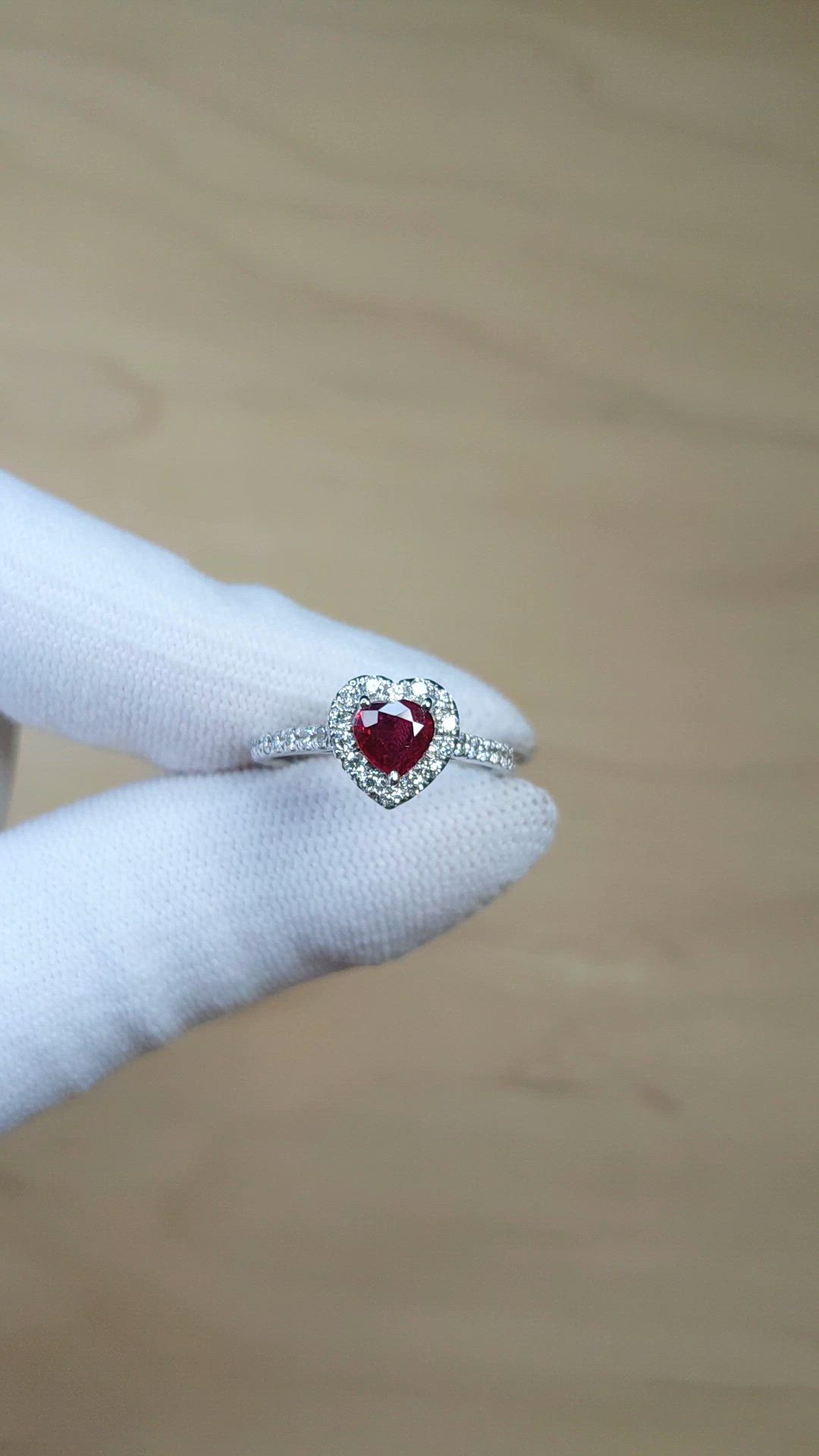 0.61 Ct. Ruby and Natural Diamond Pave Ring, 14K White Gold Size Video