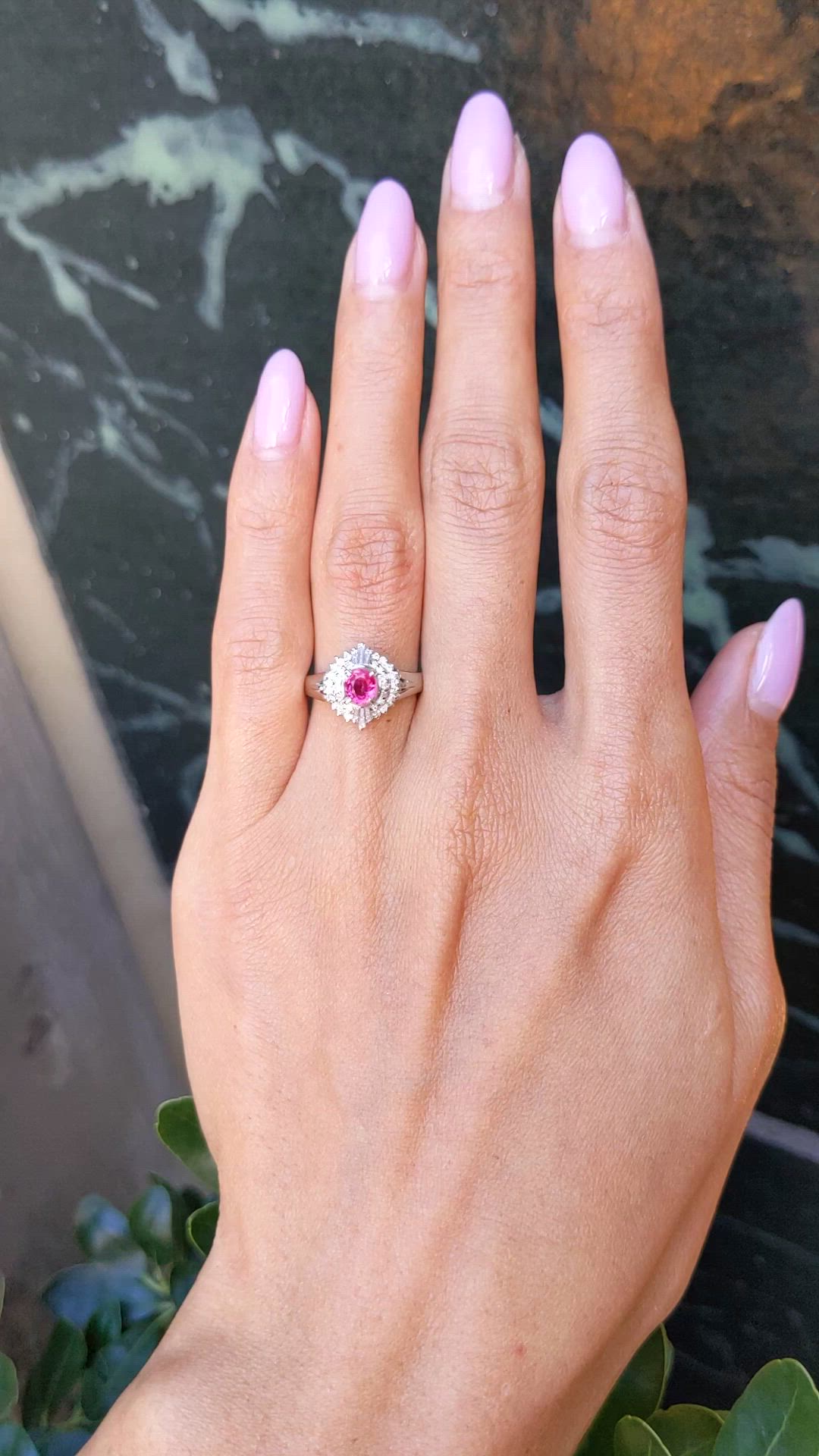 0.41 Ct. Ruby and Natural Diamond Halo Ring, Platinum 900 Size Video