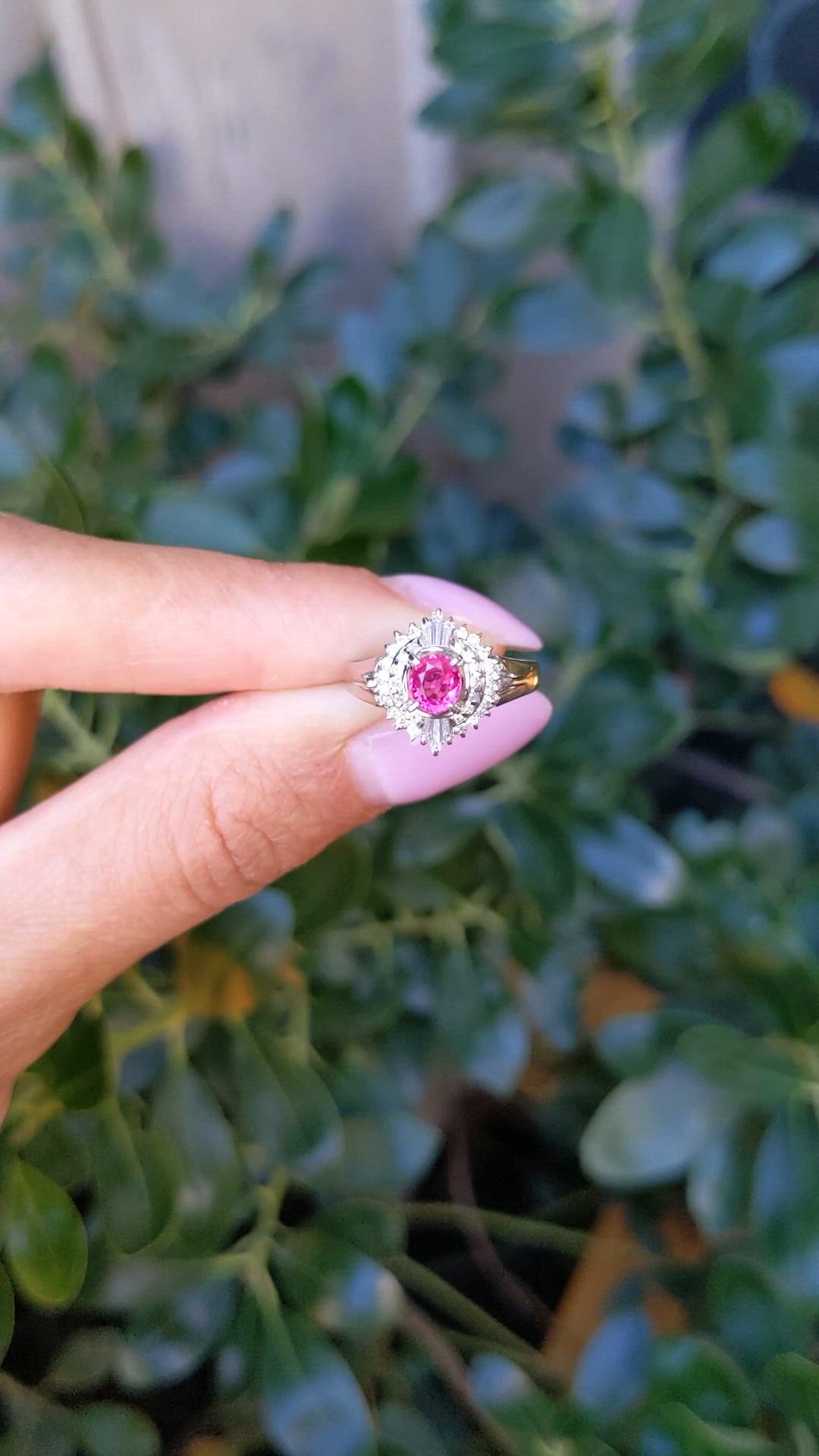 0.41 Ct. Ruby and Natural Diamond Halo Ring, Platinum 900 Size Video