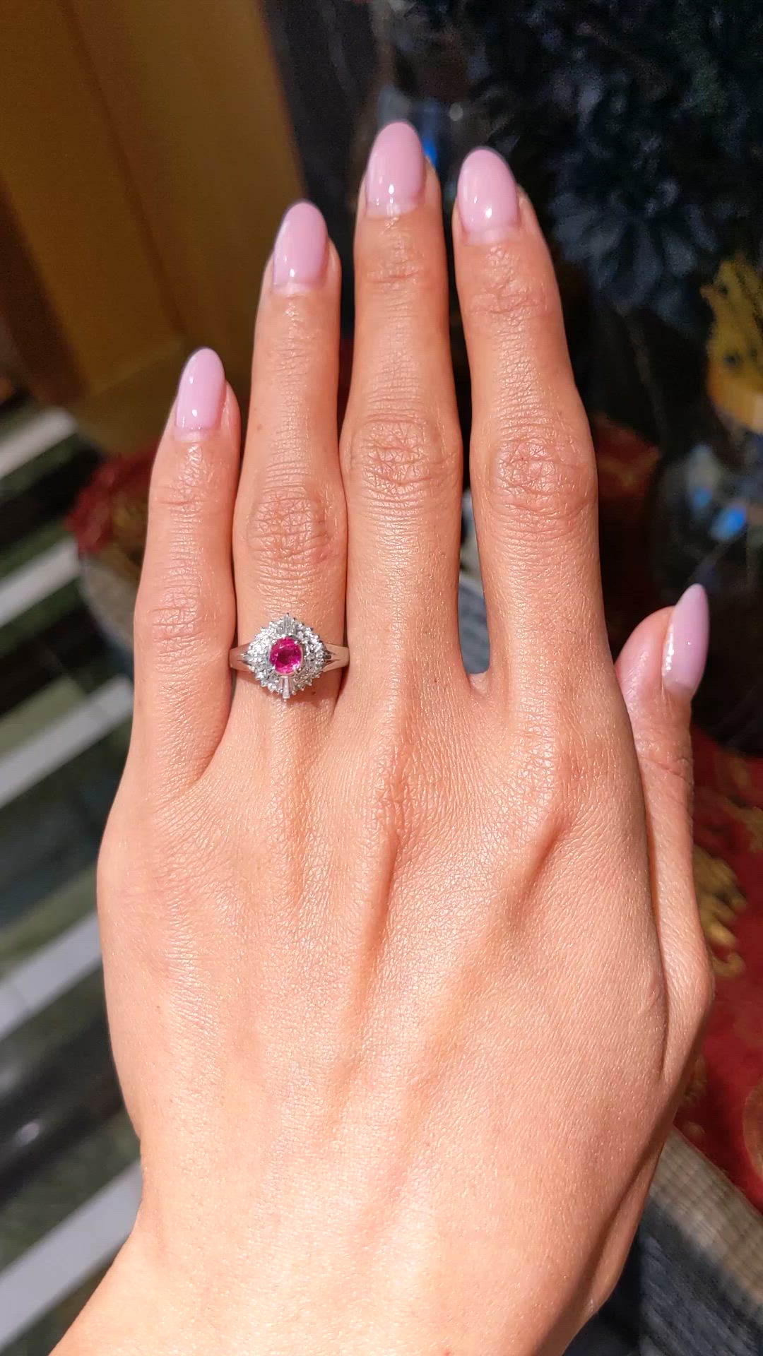 0.41 Ct. Ruby and Natural Diamond Halo Ring, Platinum 900 Size Video