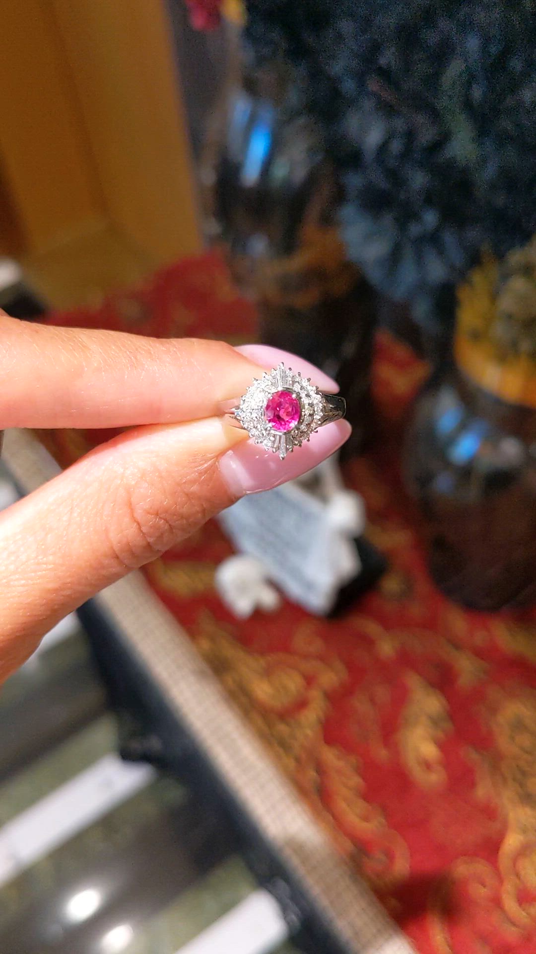 0.41 Ct. Ruby and Natural Diamond Halo Ring, Platinum 900 Size Video