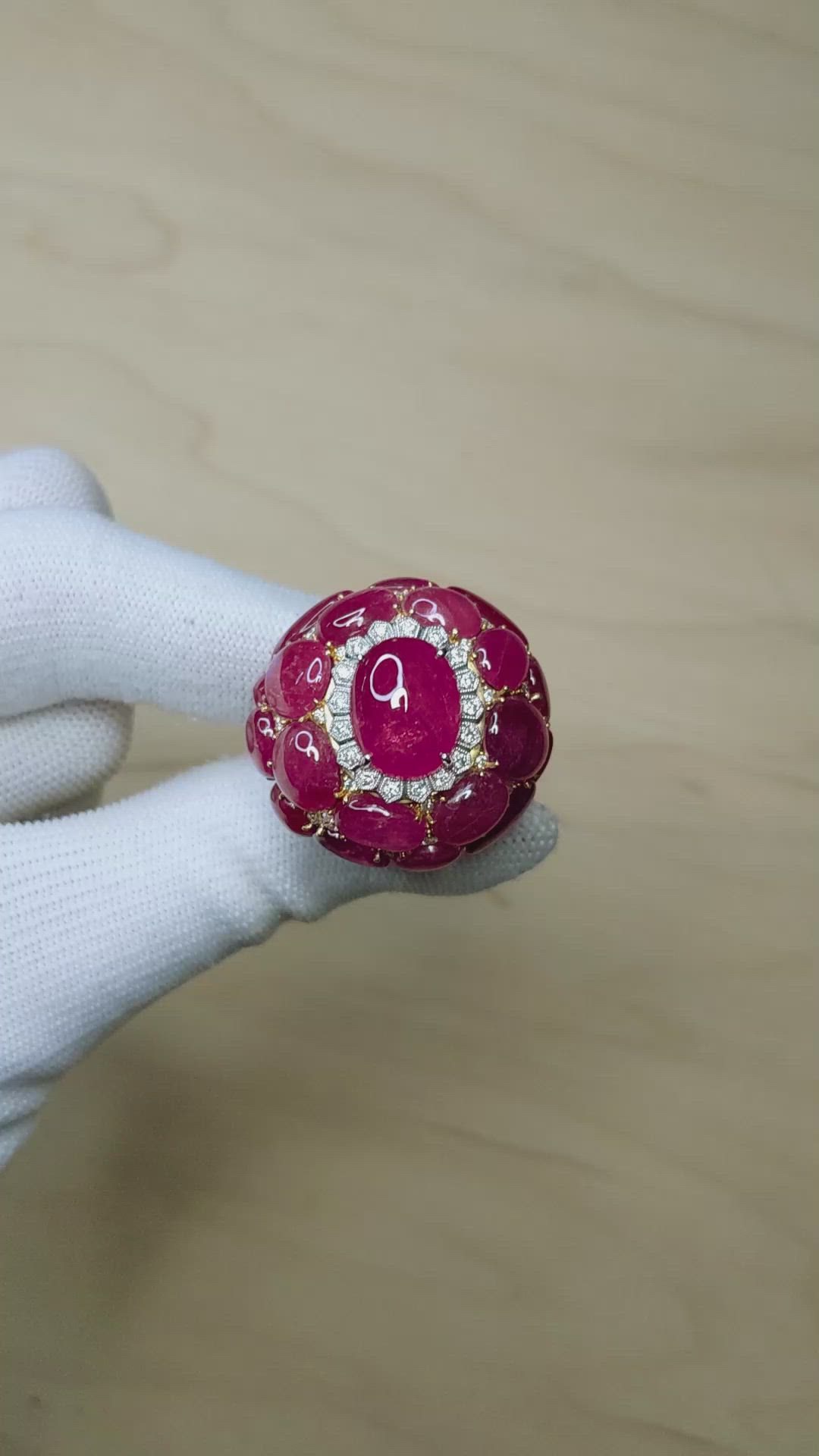 53.73 Ct. Ruby and Natural Diamond Antique Style Ring, 18K White & Yellow Size Video