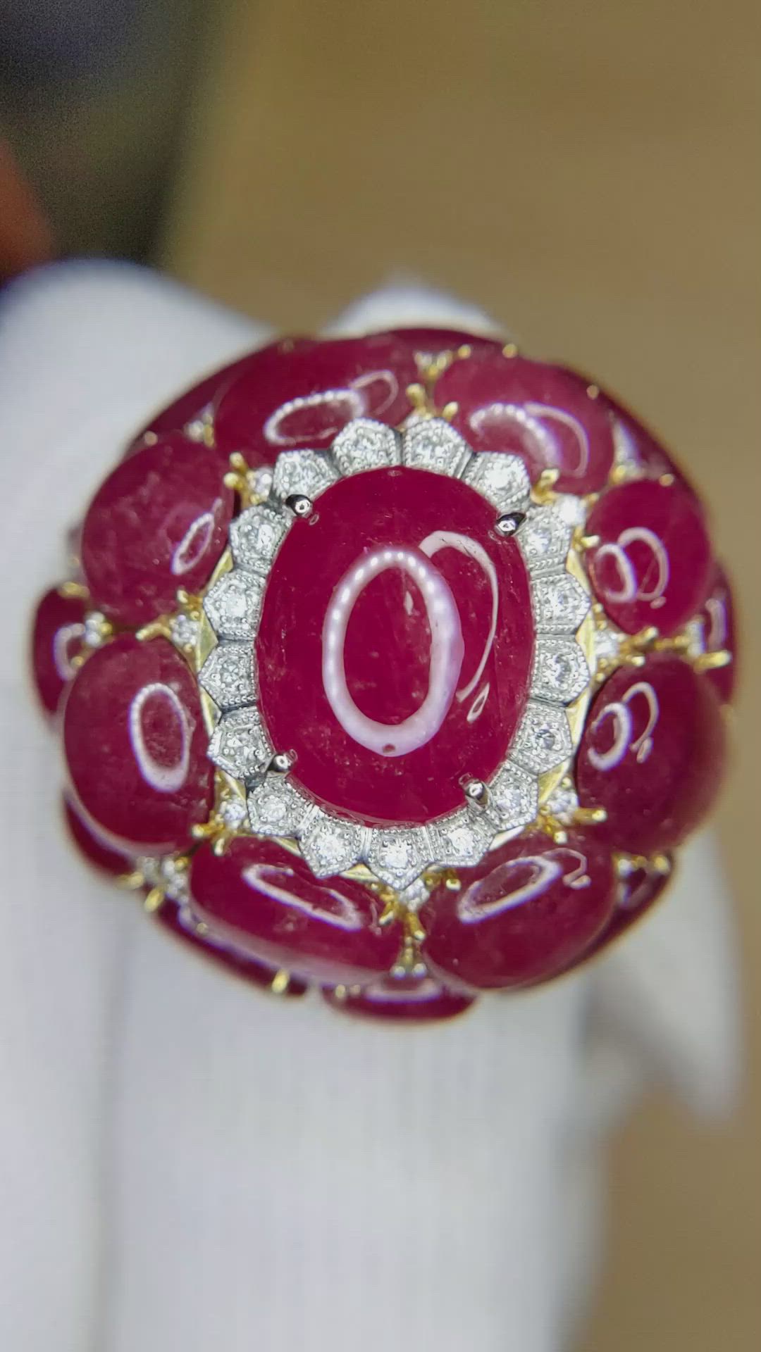 53.73 Ct. Ruby and Natural Diamond Antique Style Ring, 18K White & Yellow Size Video