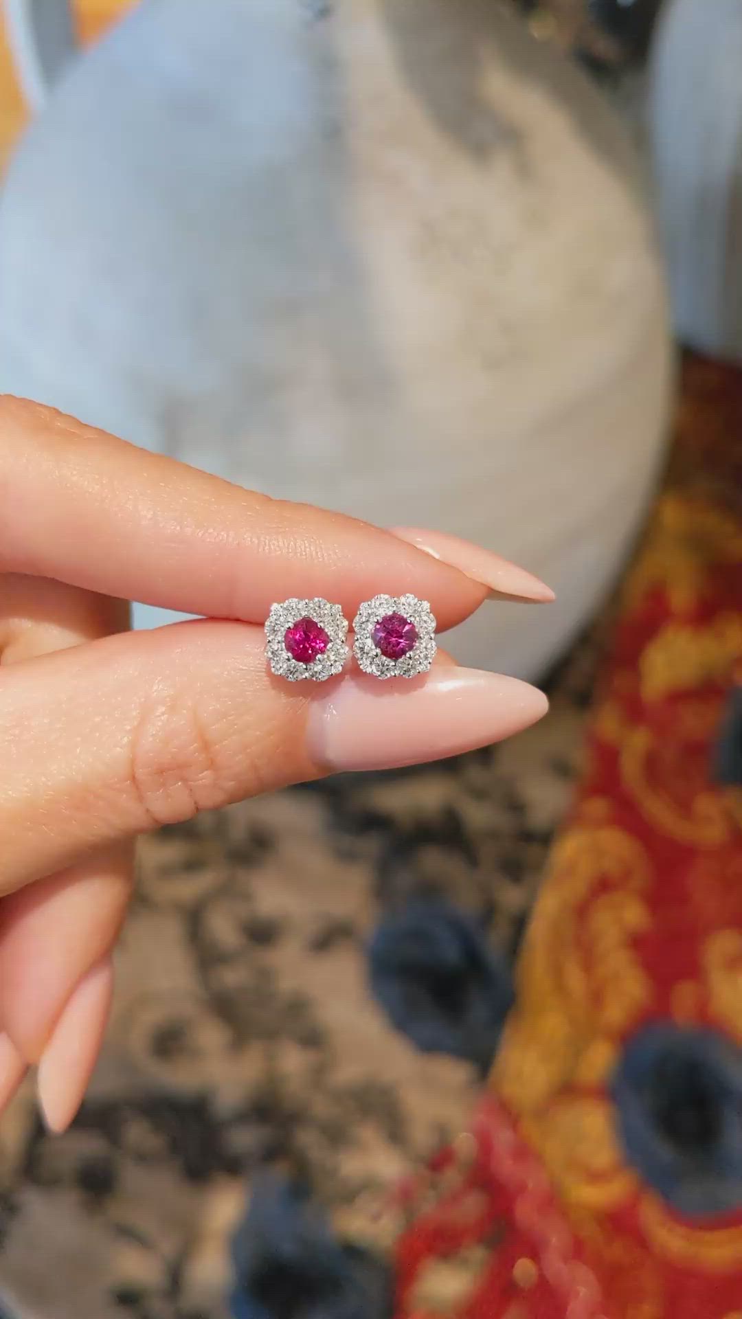 0.64 Ct.Tw. Ruby Natural Diamond Halo Earrings, 18K White Gold Size Video