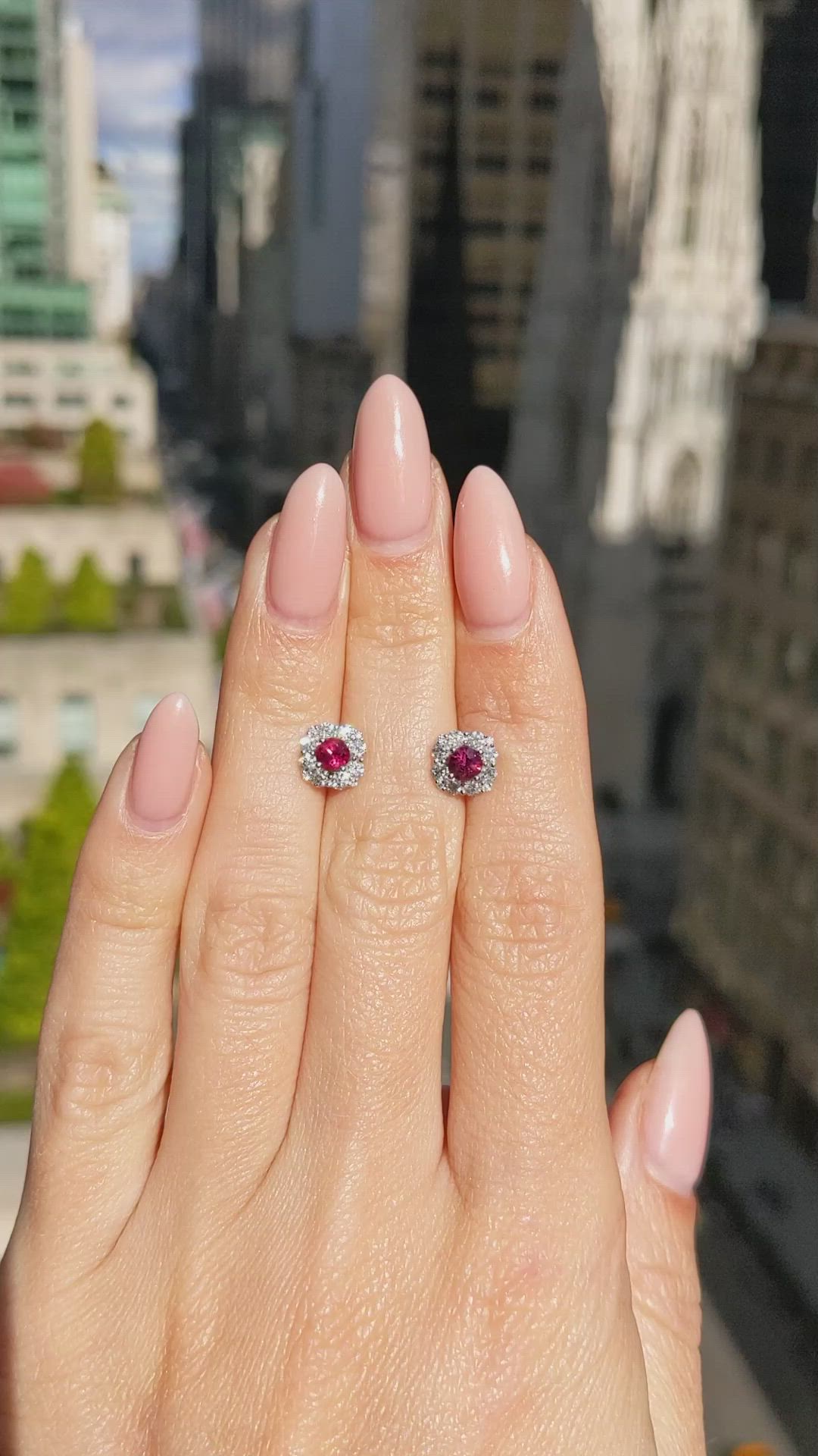 0.64 Ct.Tw. Ruby Natural Diamond Halo Earrings, 18K White Gold Size Video