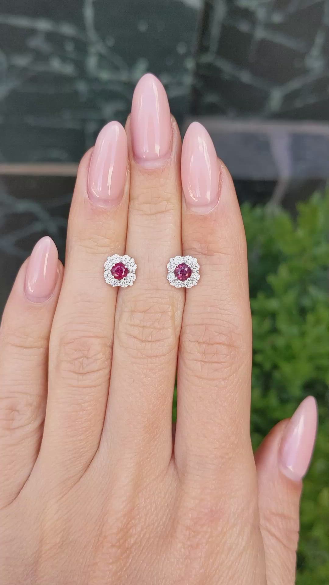 0.64 Ct.Tw. Ruby Natural Diamond Halo Earrings, 18K White Gold Size Video