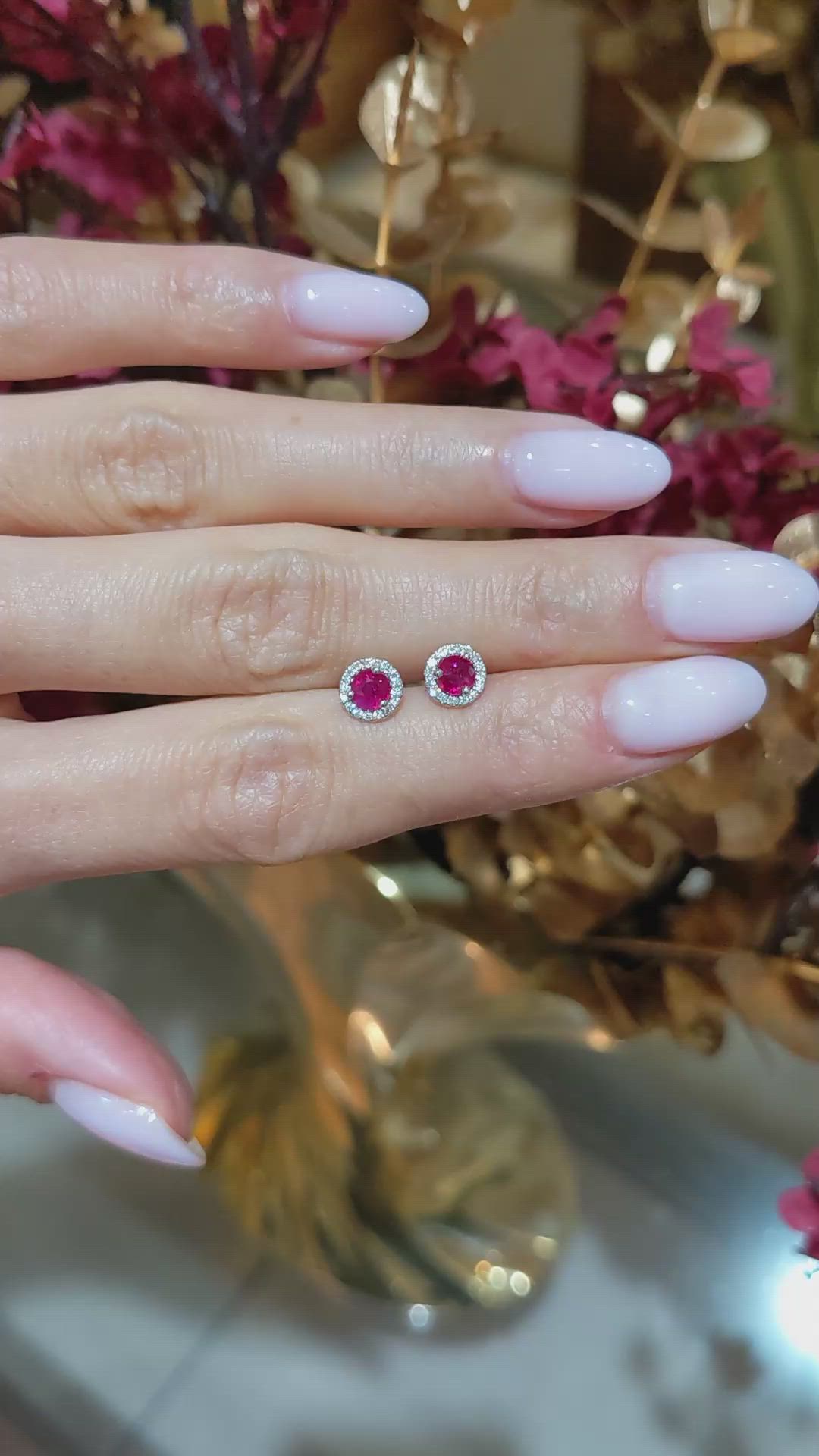 0.70&nbsp;Ct.Tw.Total Carat Weight Ruby and Natural Diamond Studs Earrings, 18K White Gold Size Video