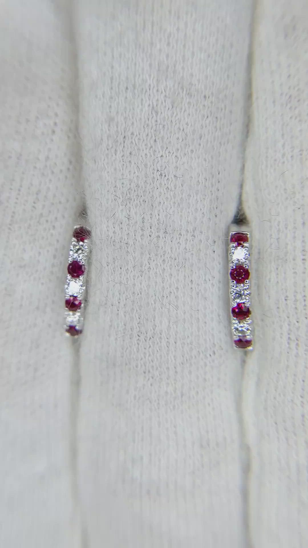0.22 Ct.Tw.Total Carat Weight Ruby Natural Diamond Pave Earrings, 14K White Gold Size Video
