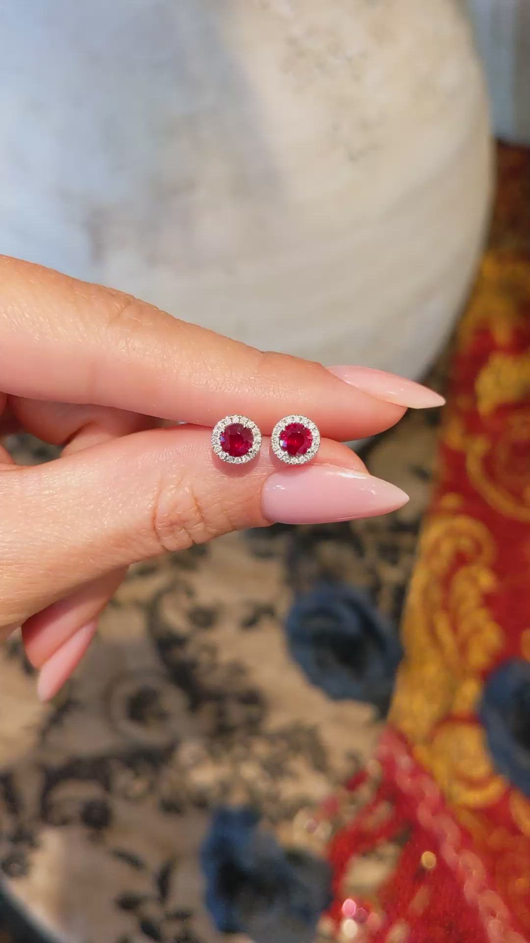 0.95 Ct.Tw. Ruby Natural Diamond Pave Earrings, 18K White Gold Size Video