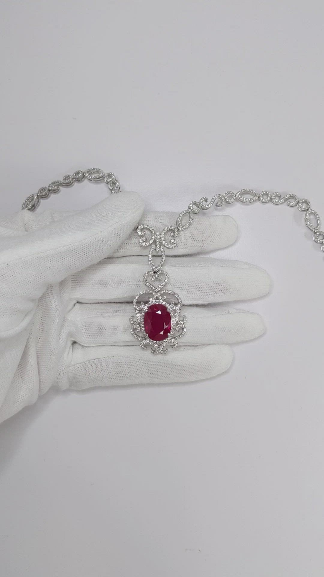 8.20 Ct. Ruby Natural Diamond Antique Style Necklace, 18K White Gold Size Video