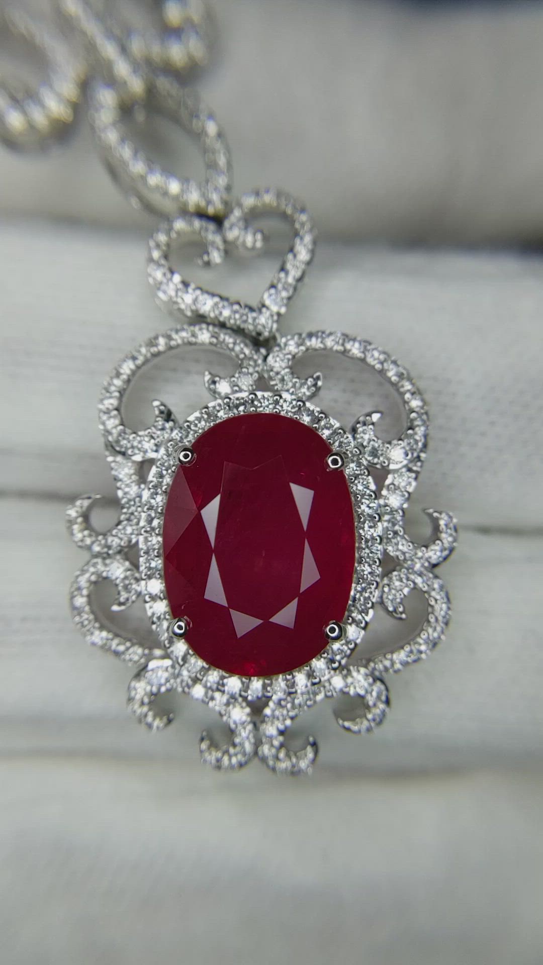 8.20 Ct. Ruby Natural Diamond Antique Style Necklace, 18K White Gold Size Video