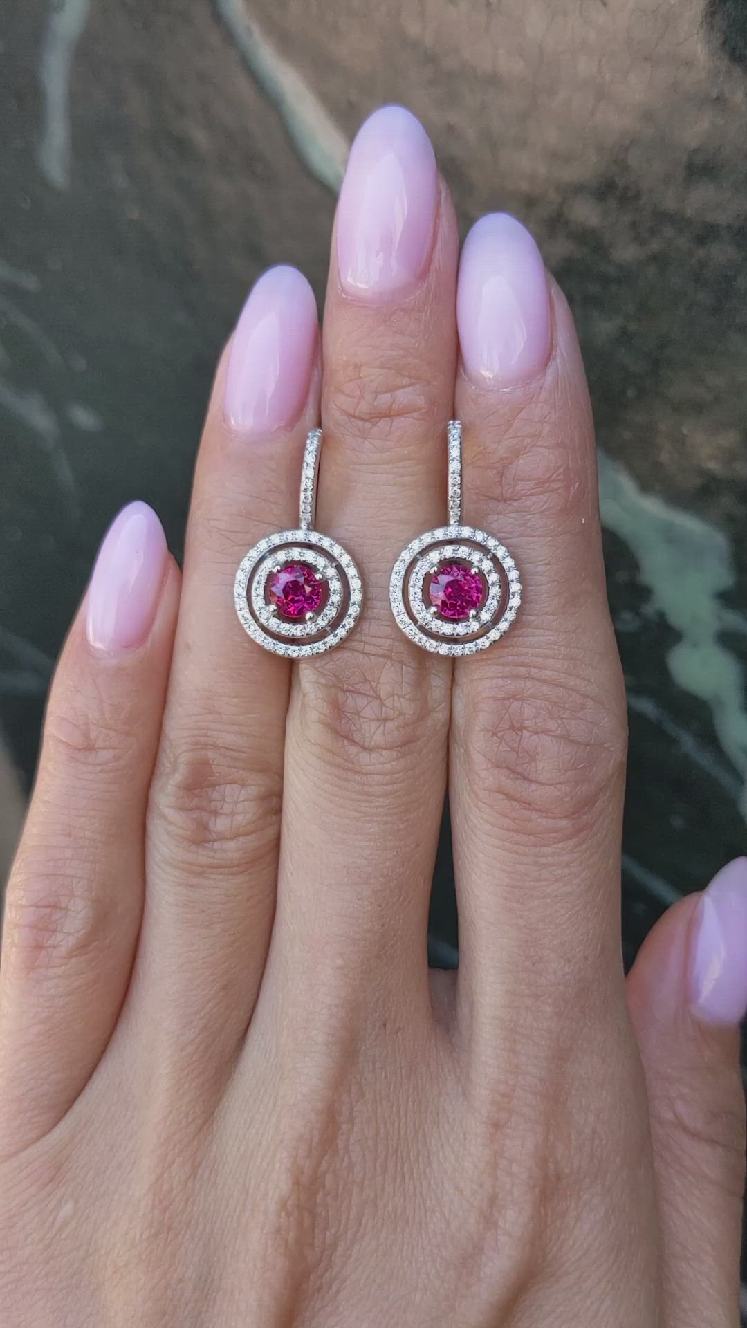1.21&nbsp;Ct.Tw.Total Carat Weight Ruby and Natural Diamond Halo Earrings, 18K White Gold Size Video