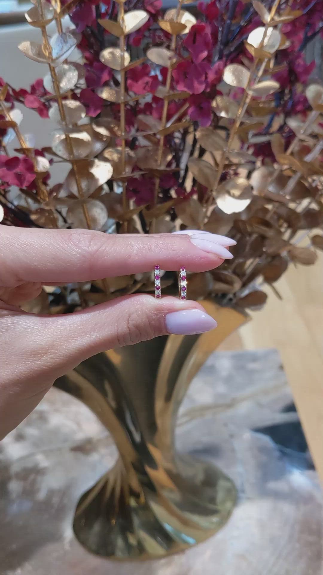 0.22&nbsp;Ct.Tw.Total Carat Weight Ruby and Natural Diamond Hoops Earrings, 14K Yellow Gold Size Video