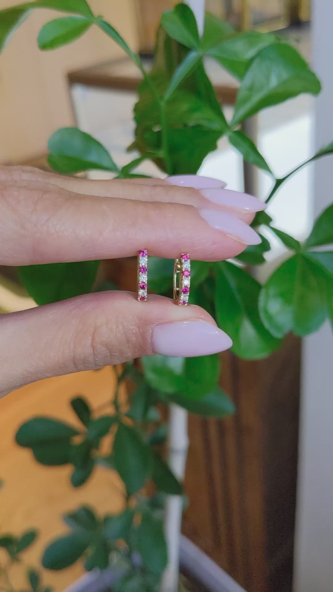 0.22&nbsp;Ct.Tw.Total Carat Weight Ruby and Natural Diamond Hoops Earrings, 14K Yellow Gold Size Video