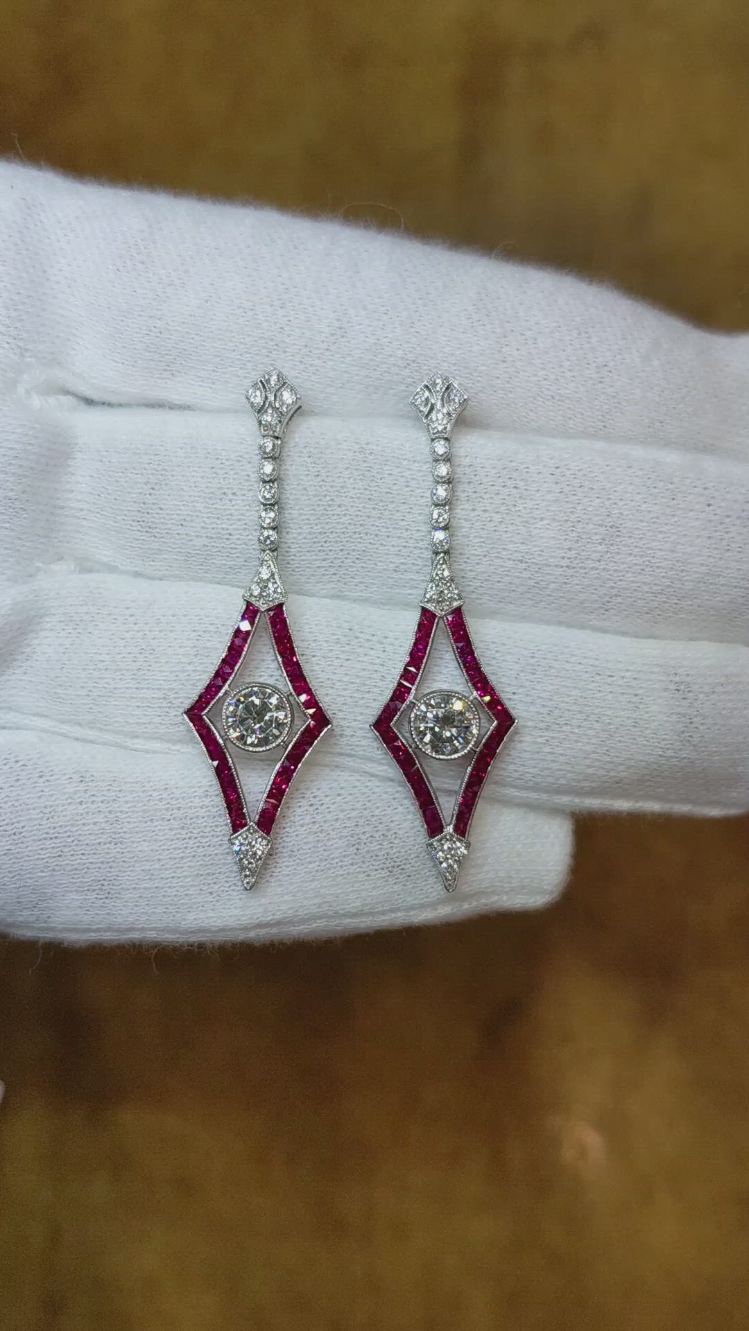 3.43 Ct.Tw.Total Carat Weight Ruby Natural Diamond Accent Stones Earrings, Platinum 950 Size Video