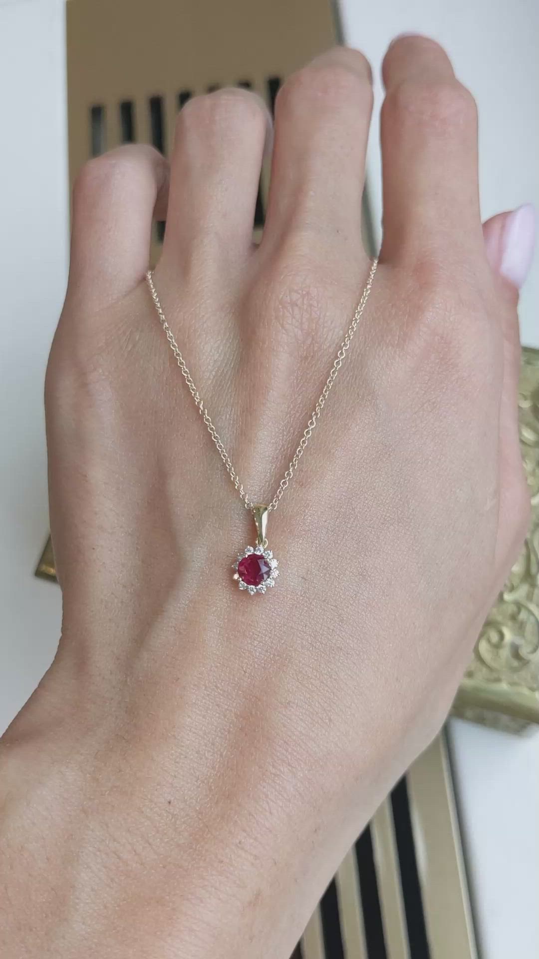 0.45 Ct. Ruby and Natural Diamond Halo Pendant, 18K Yellow Gold Size Video